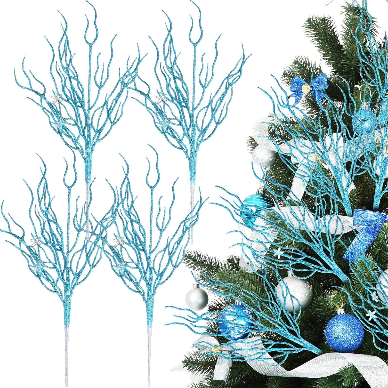 8 Pcs Blue Coastal Christmas Decorations 15.7inch Glitter Coastal Ornaments for Christmas Tree Artificial Ocean Beach Coral Nautical Tree Filler Branch Stem Pick Filler for Vase Gift