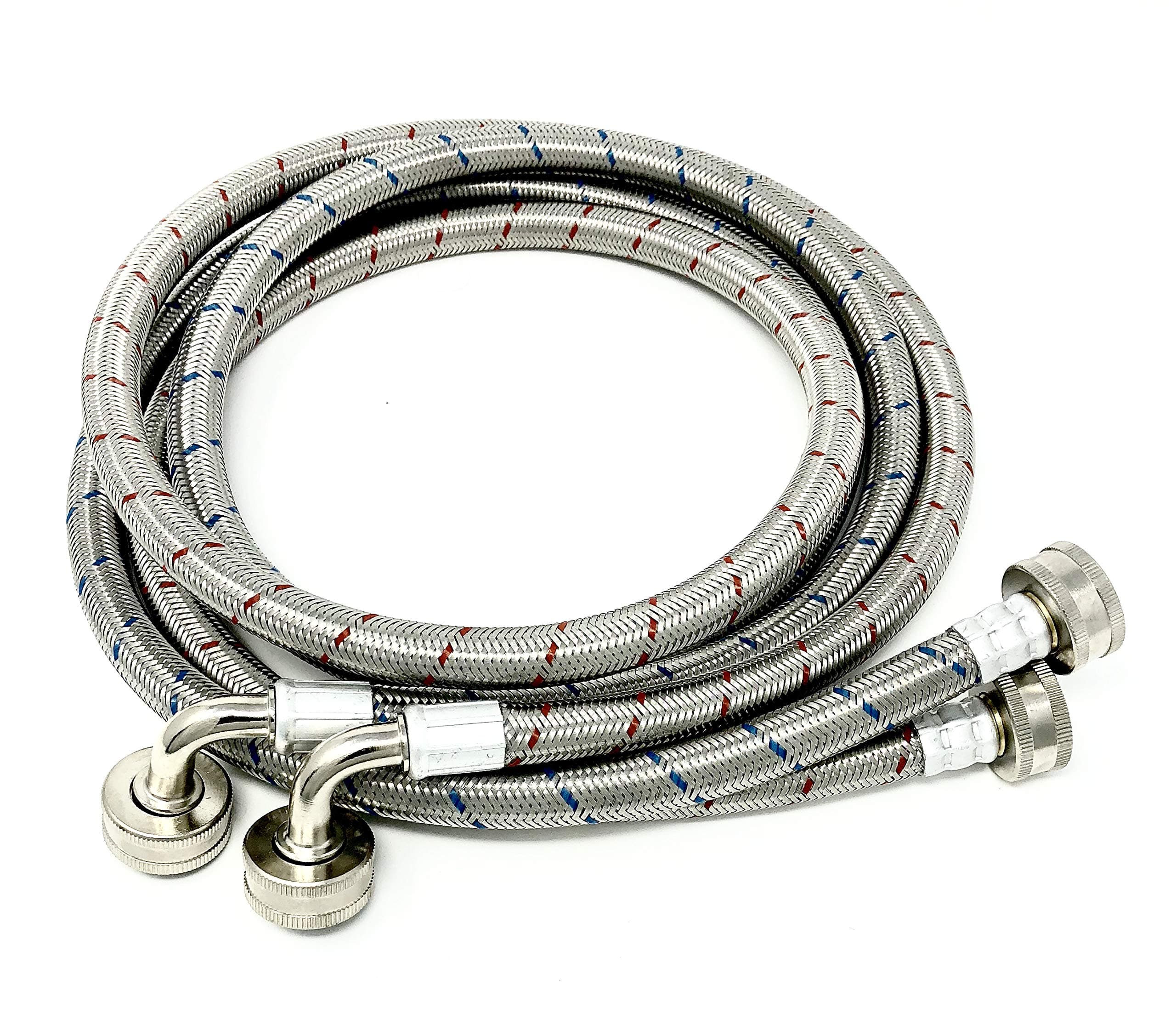 SATOHA 2-Pack Premium Stainless Steel Washing Machine Hoses - 8 FT No-Lead Burst Proof Red and Blue Lined Water Inlet Supply Lines - Universal 90 Degree Elbow Connection - 10 Year Warranty