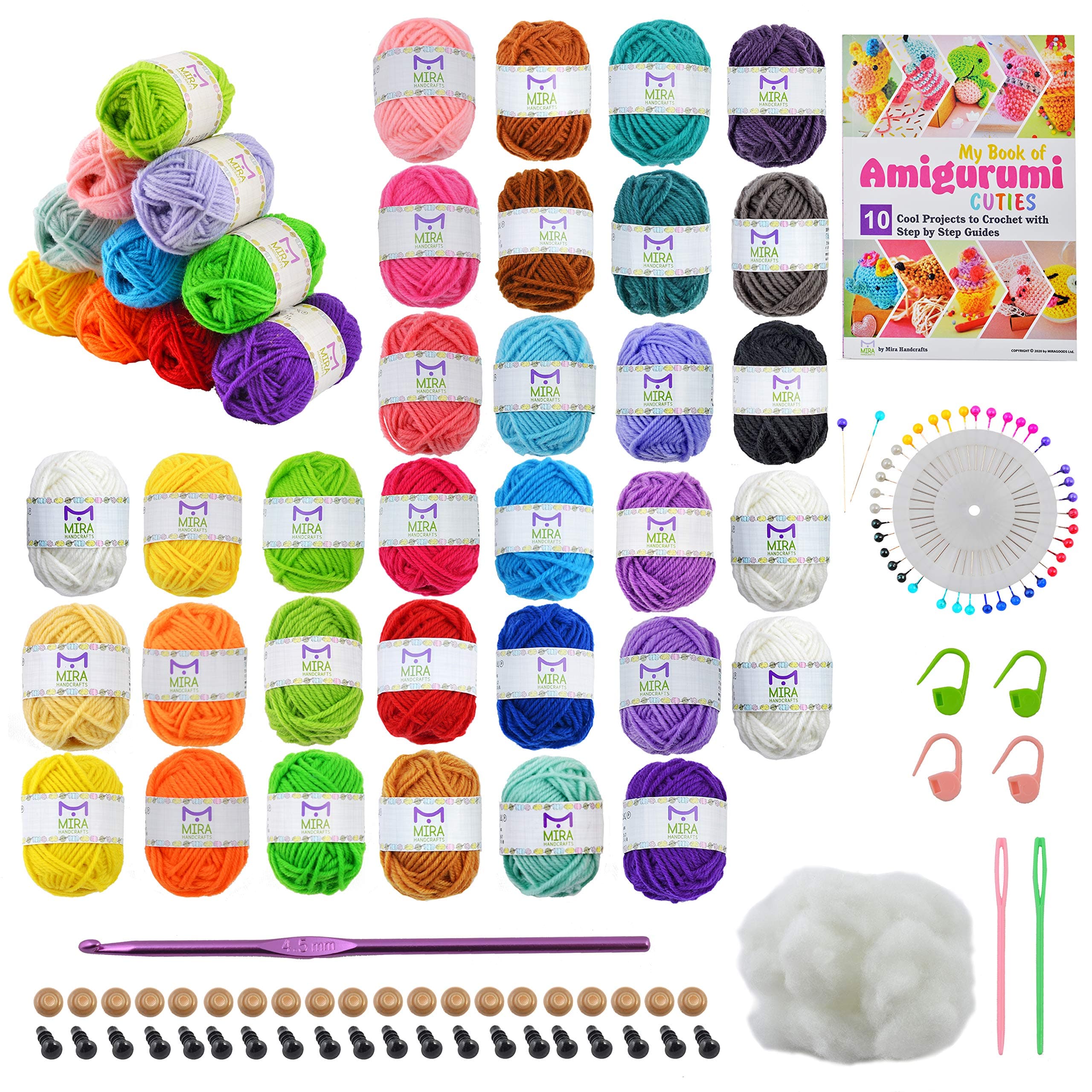 MIRA HANDCRAFTS 32 Acrylic Yarns with Real Amigurumi Book – DK Yarn for Crochet Complete Kit – 1 Crochet Hooks, 2 Needles, 4 Stitch Markers, Pearl Head Sewing Pins Set, Fiber Stuffing, Safety Eyes