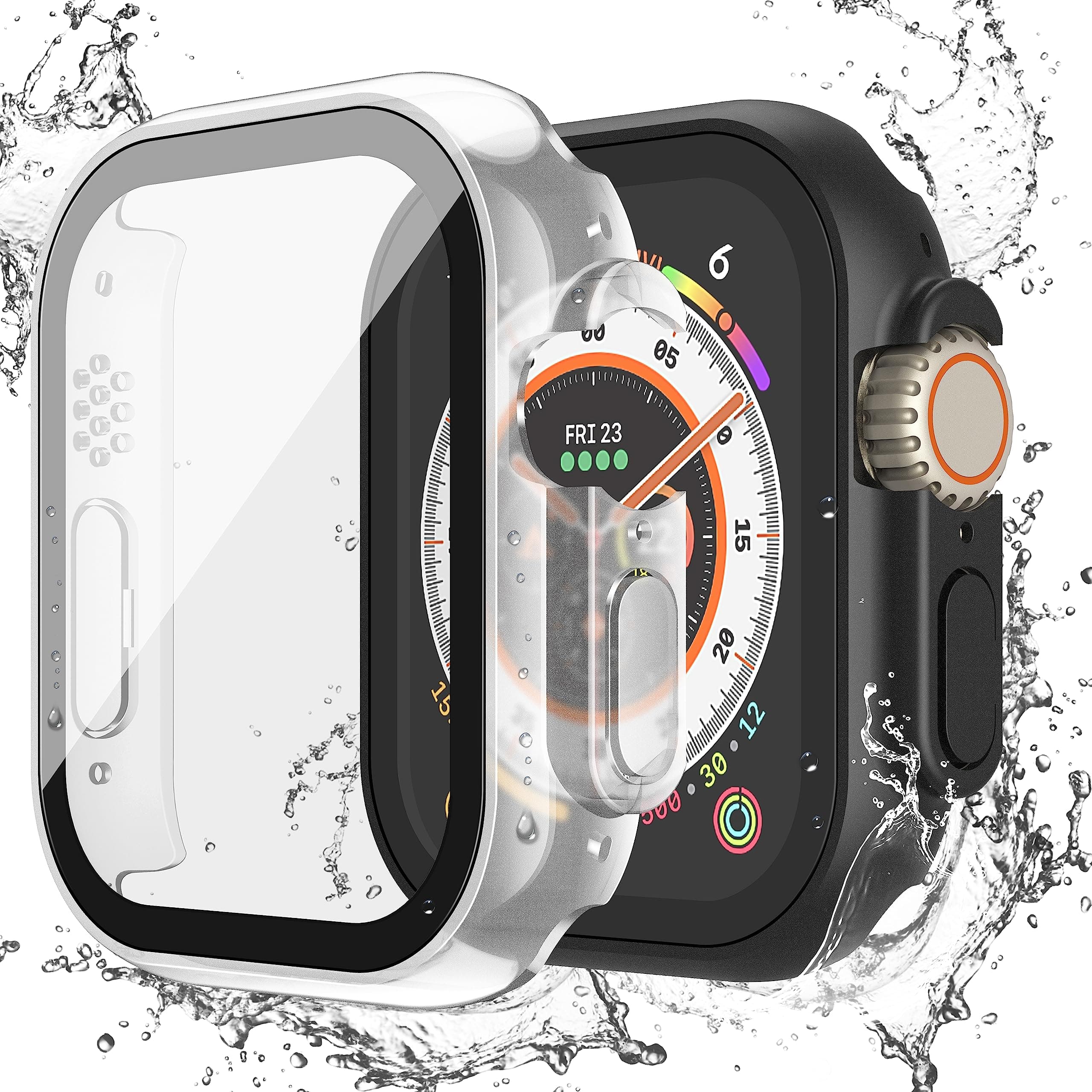 Misxi [2 Pack] Waterproof Case with Button Designed for 49mm Apple Watch Ultra 3 (2025) / Ultra 2 / Ultra, Hard PC Cover with Tempered Glass Screen Protector for iWatch, 1 Black + 1 Transparent