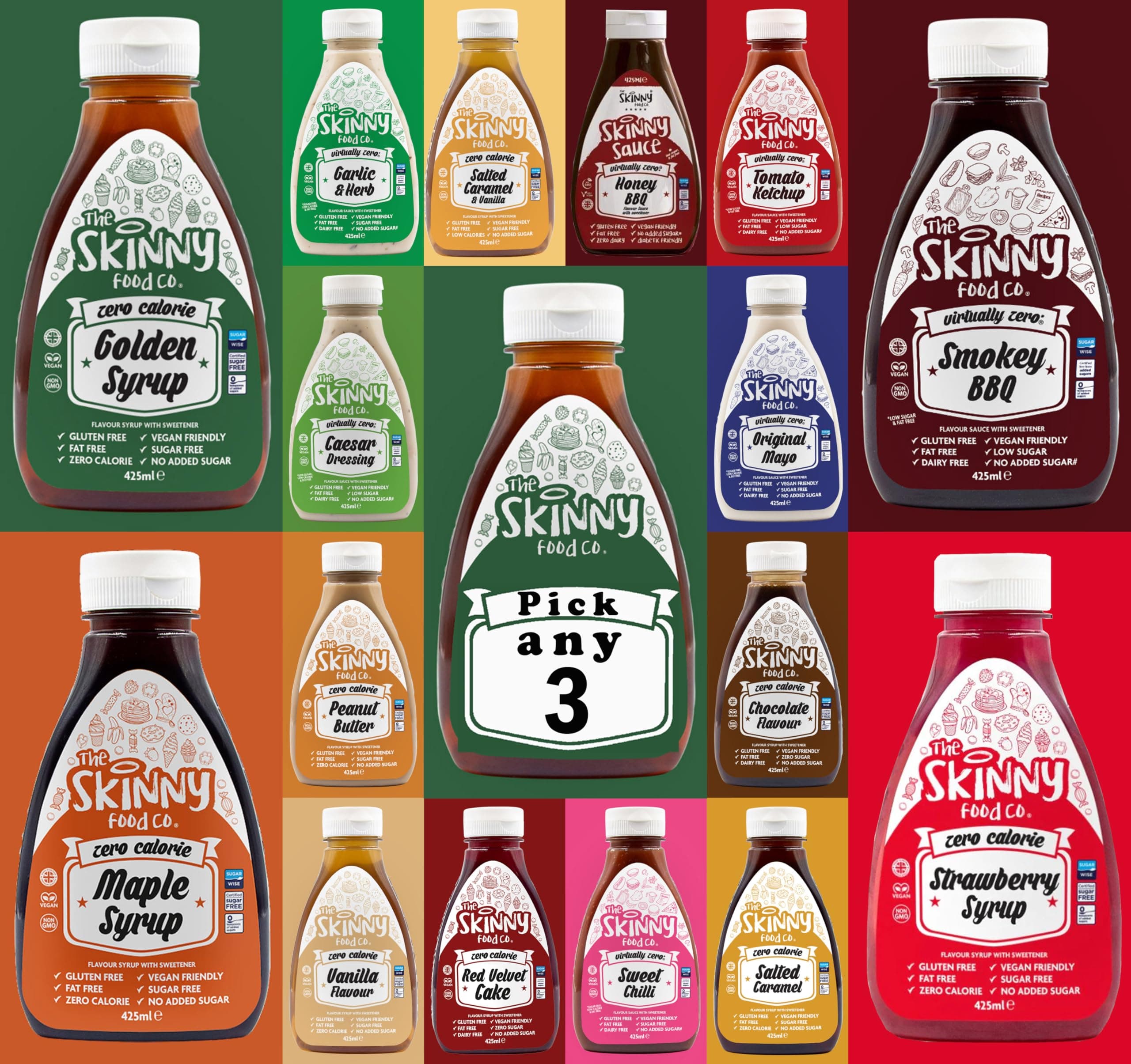 The Skinny Food Co. Sauces, Salad Dressings & Syrups Pick Any 3 Bottles - Gluten Free, Low Calorie, Sugar Free - 425ml
