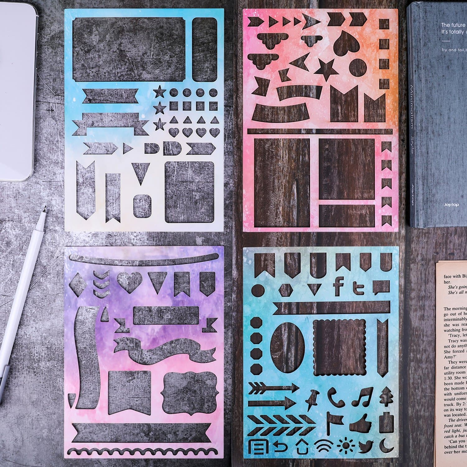 Bullet Journal Stencil - Set of 4 Laminated Cardstock Journal Stencil, Banners, Dividers, Icons for Journal/A5 Notebook/Diary/Scrapbook DIY Drawing Template 5 x 7 Inches