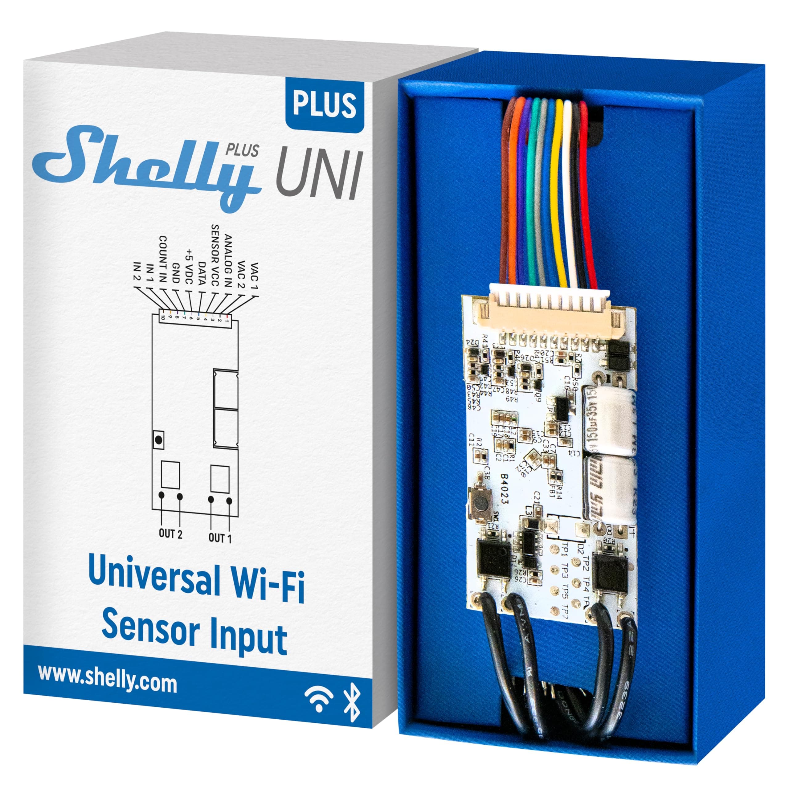 Plus Uni | Smart Wi-Fi and Bluetooth Operated Module with Dry Contacts | Home Automation | Compatible with Alexa & Google Home | No Hub | Precise Voltmeter | Pulse Counting | Sensor Interface