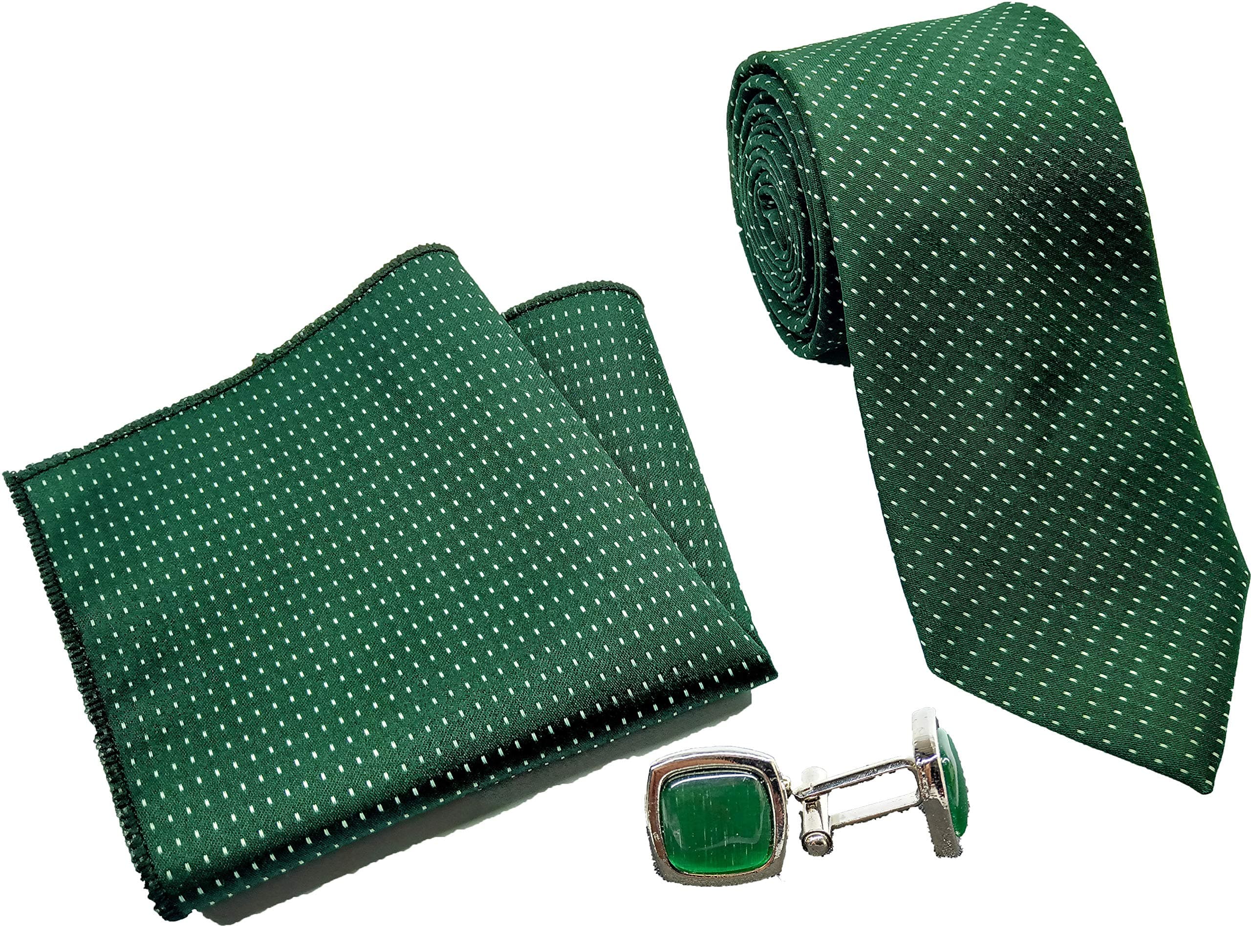 Luxeis Men Premium Neck Tie and Pocket Square with Cufflink Combo Gift Set (Green, Free Size)