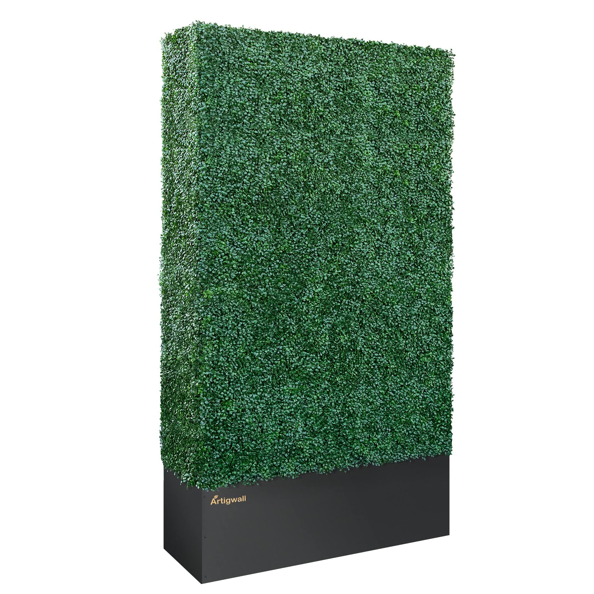 Artificial Boxwood Hedge Divider Fence Wall with Black 201 Stainless Steel Planter Box (48" W X96 H X14 D)