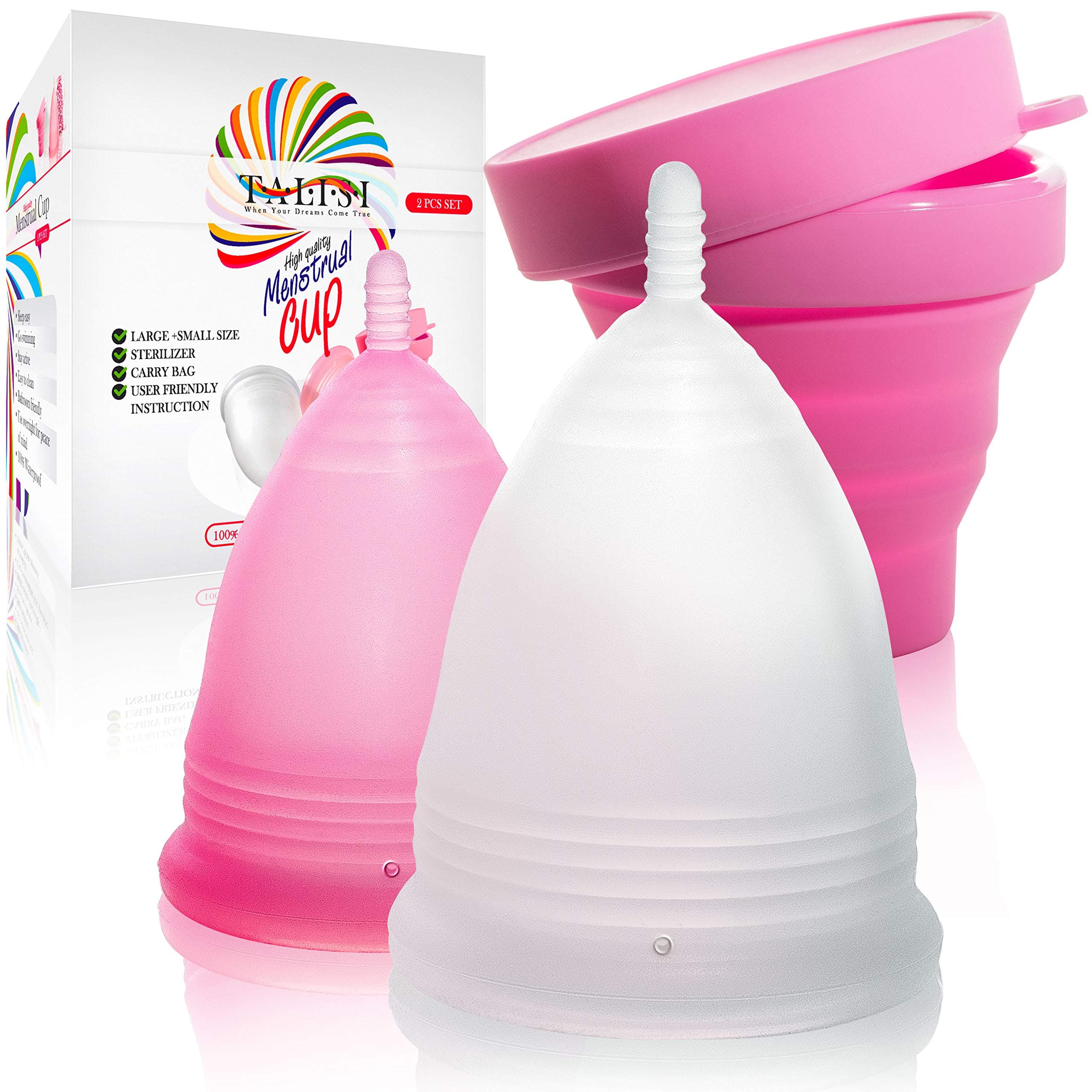 Talisi Menstrual Cups Set of 2 with Collapsible Cleaner Silicone Sterilizer - Soft Reusable Period Kit - Tampon Pads Disc Alternative - Menstruation Feminine Cup Regular, Heavy Flow (Small & Large)