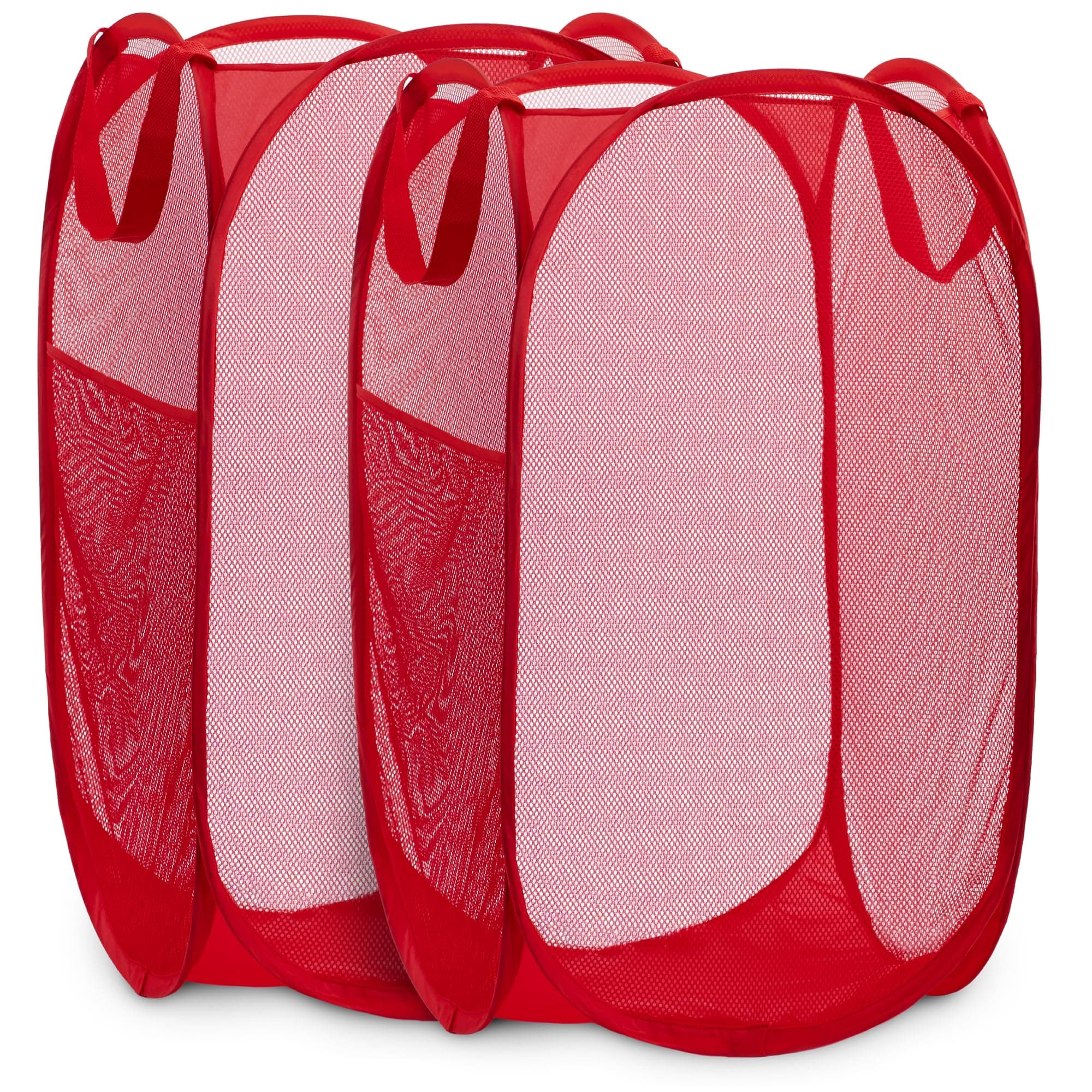 Collapsible Mesh Pop Up Laundry Hamper 2-Pack – Space-Saving, Breathable Basket with Wide Opening & Side Pocket, Durable & Foldable for Clothes, Storage, Travel, Dorm, Red