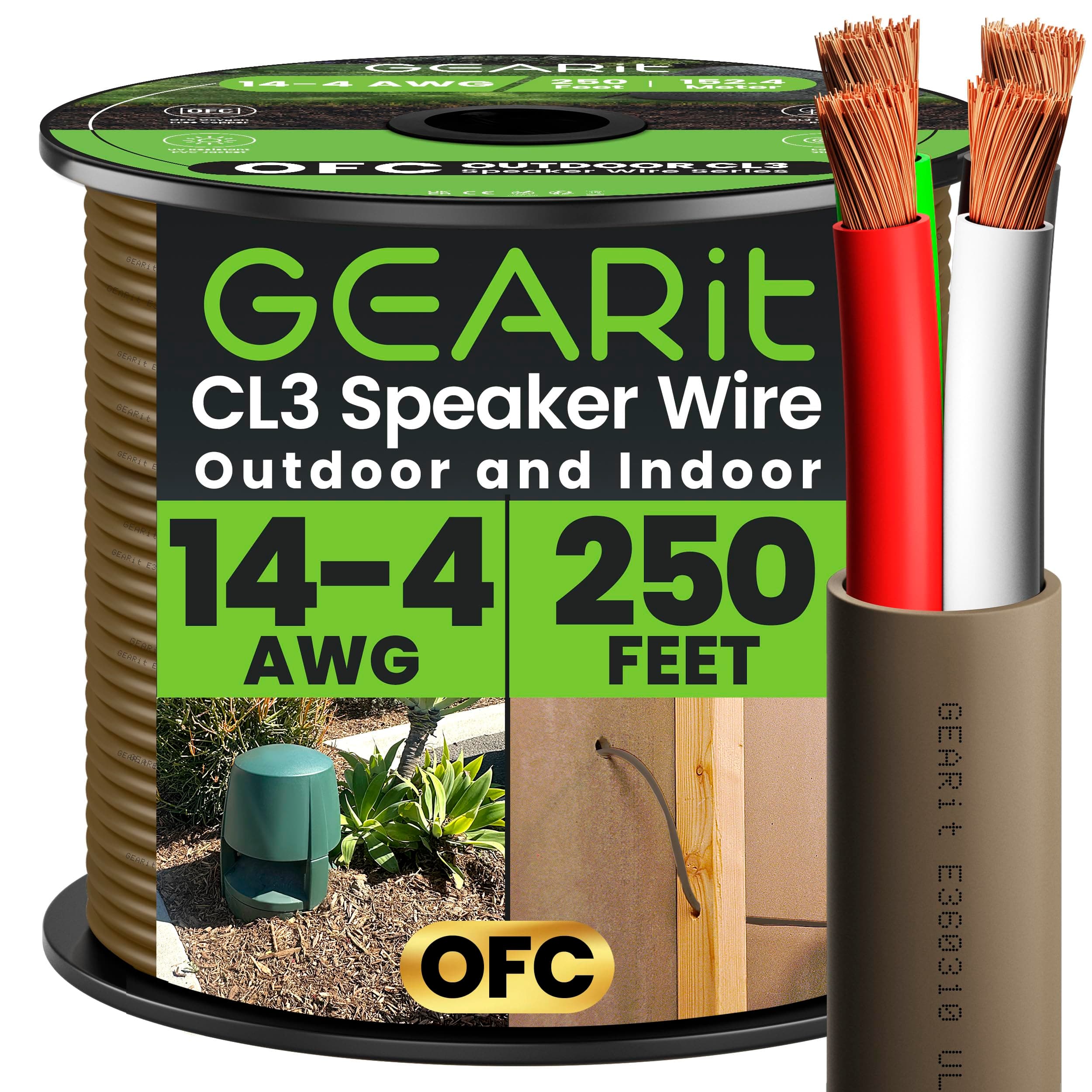 GEARit Outdoor Speaker Wire CL3 Rated, 14 Gauge Speaker Wire, Speaker Cable 250 ft for Outdoor Speakers, Patio, Garden, Backyard Audio, Direct Burial in Ground/in Wall, OFC (Brown, 4-Conductors)