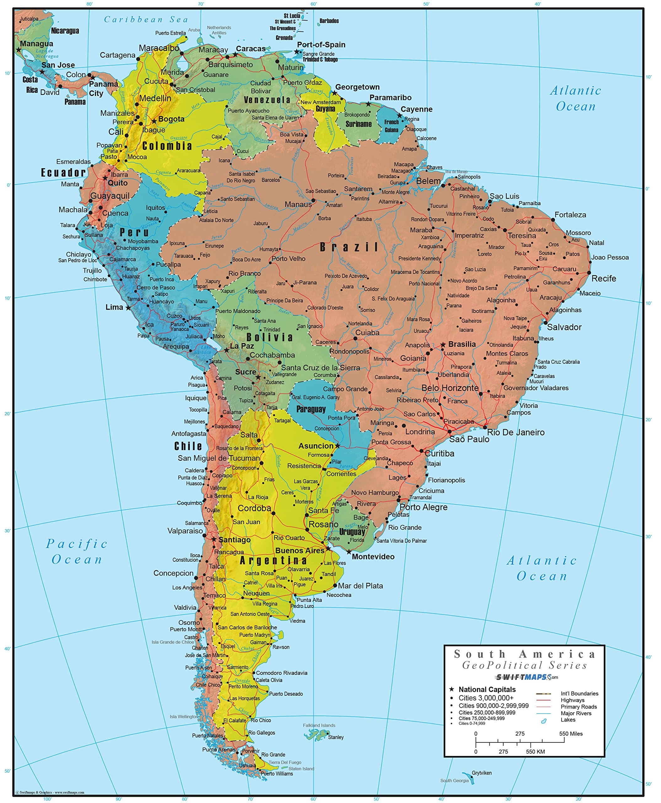 South America Wall Map GeoPolitical Edition by Swiftmaps (18x22 Laminated)