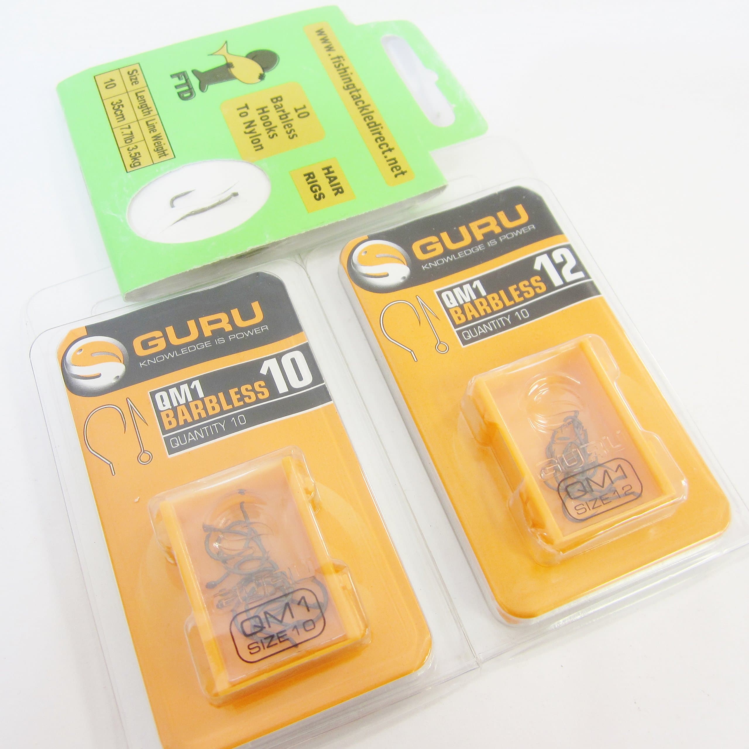 FTD - Min 20 Hooks (2 Packs of 10) of GURU QM1 PTFE Barbless Carp Fishing Hooks (available in Size 10, 12, 14, 16 & 18) also comes with 10 FTD Hooks to Nylon