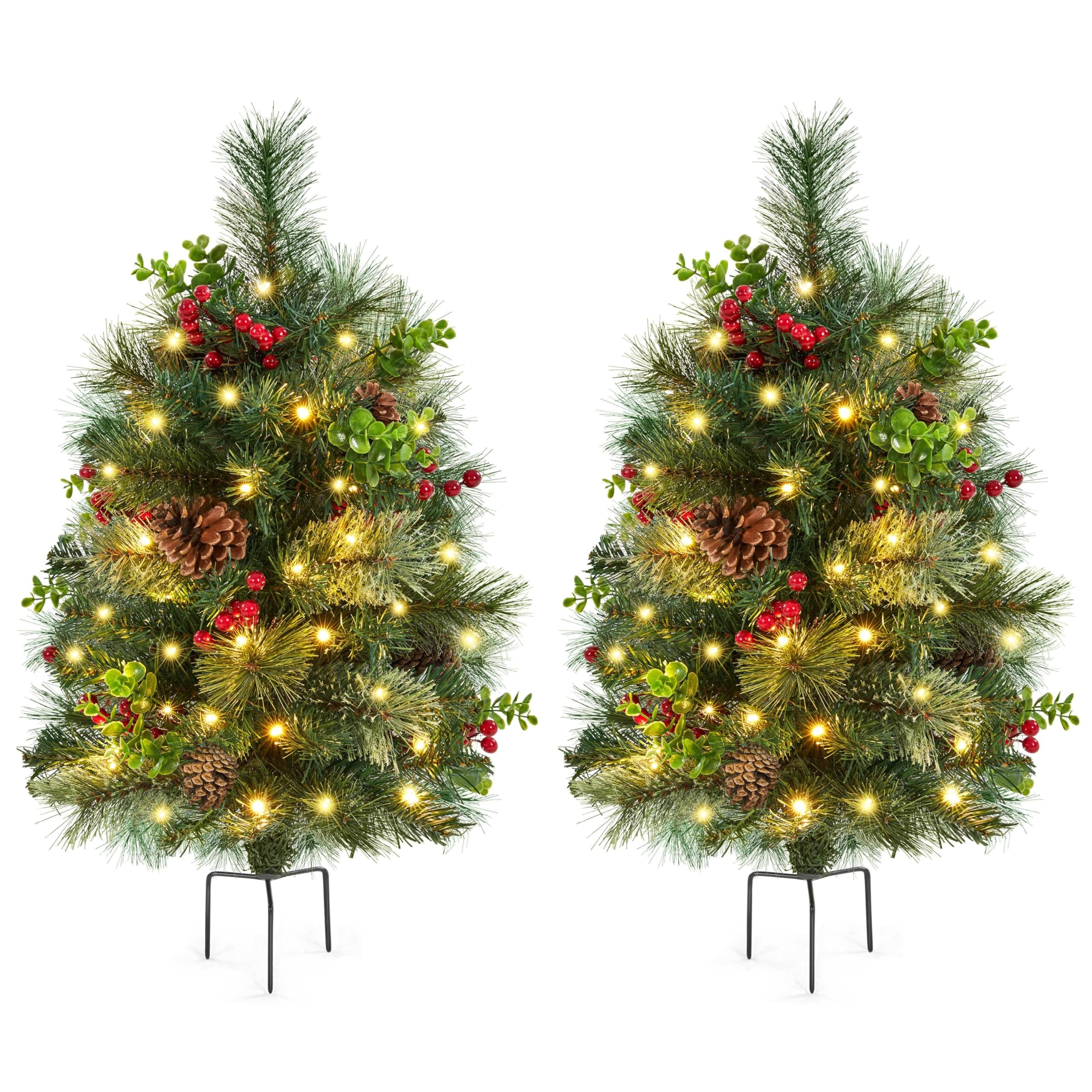 Yaheetech2Pcs Pre-lit Mini Christmas Trees,2FT Artificial Christmas Tree with Stakes for Driveway, Yard, Garden,Pathway Christmas Tree with LED Lights, Red Berries, Pinecones,Green