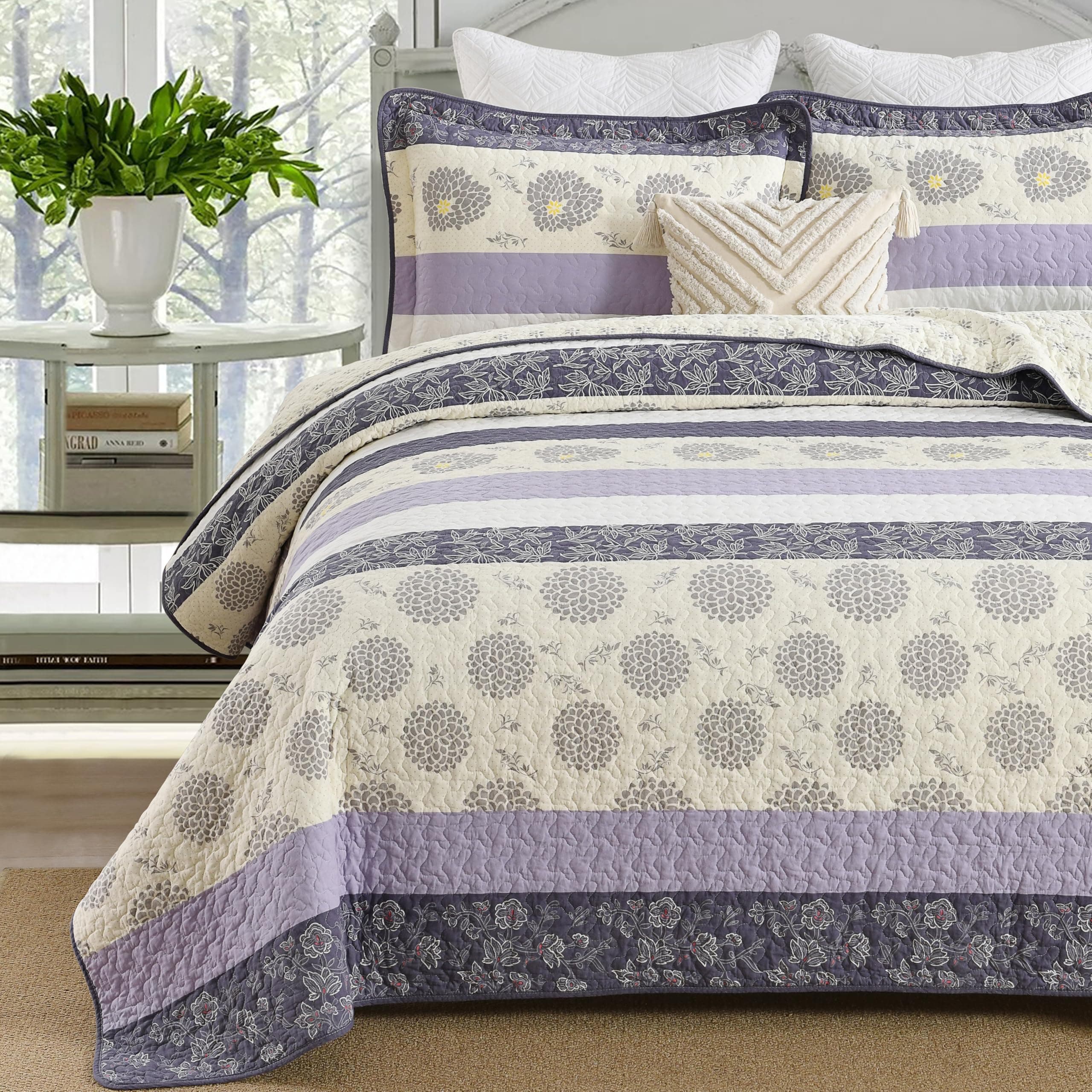 Homzard Floral Comforter Set Queen Size,Purple Lavender Beige Queen Size Quilt Set,All Cotton Quilted Comforter,Striped Floral Pattern Bedding Bedspread, 3 Piece All Season