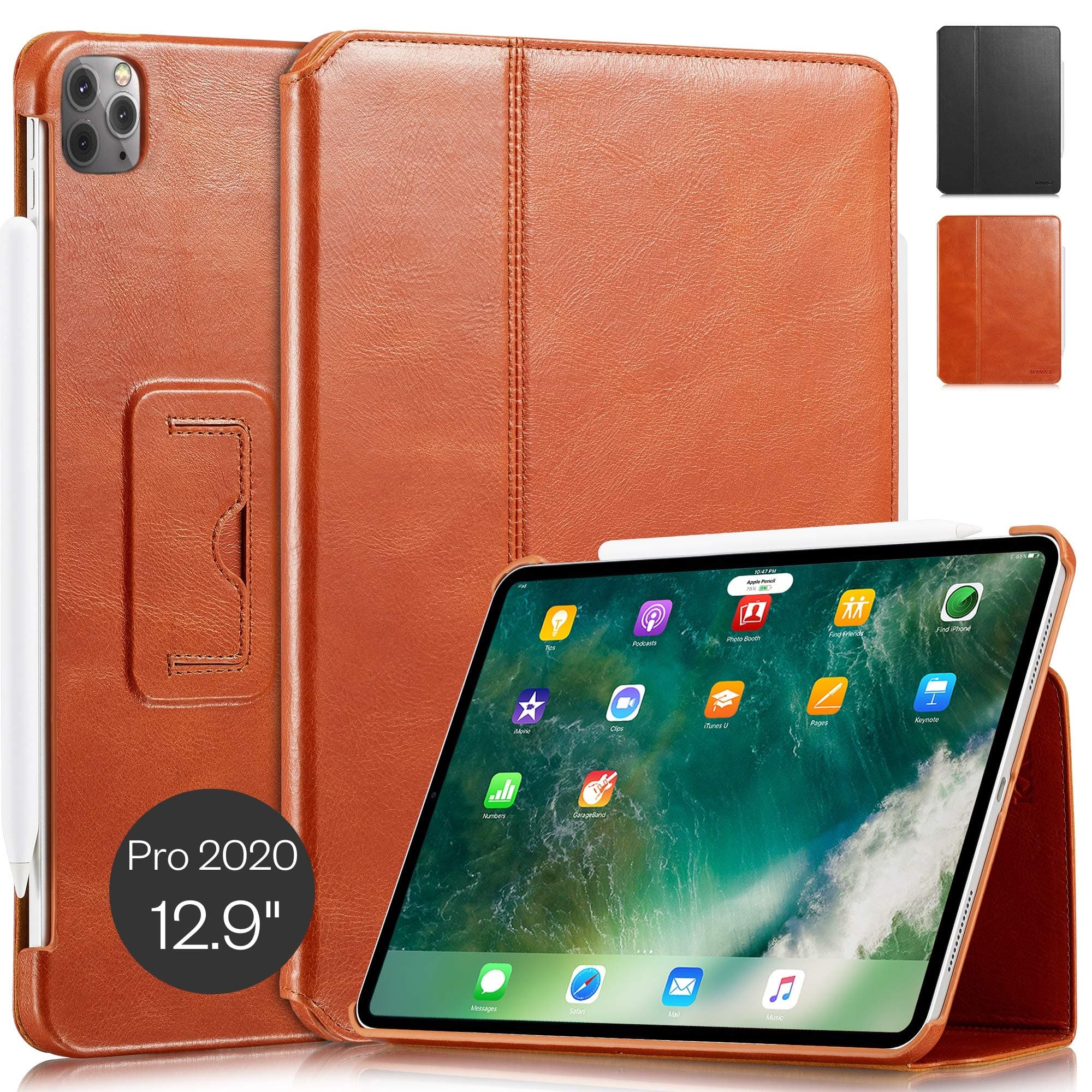 KAVAJ Case Leather Cover Berlin works with Apple iPad Pro 12.9" 2020 Cognac-Brown Genuine Cowhide Leather with Built-in Stand Auto Wake/Sleep Function. Slim Fit Smart Folio Covers