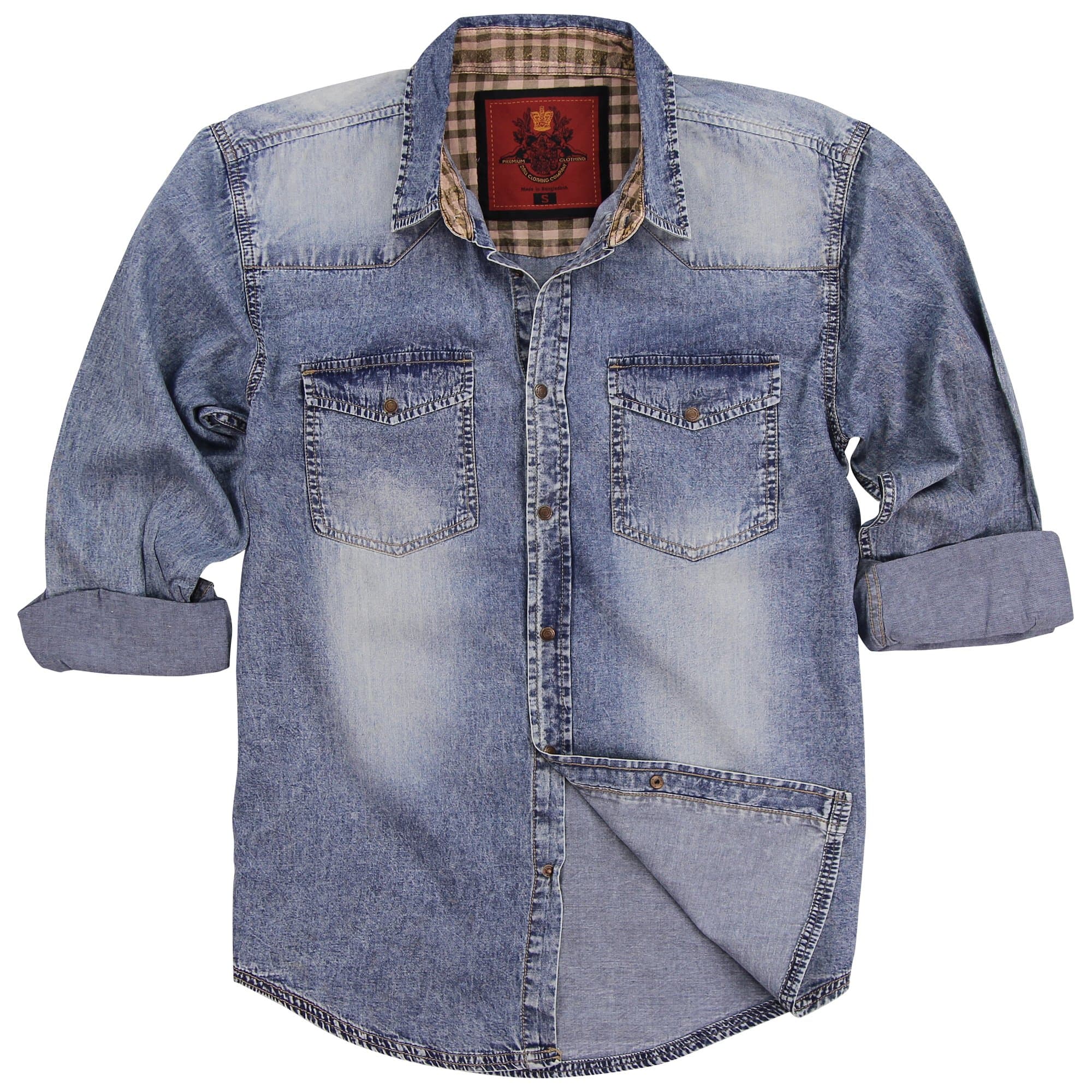 Men's Washed Denim Long Sleeve Shirt (Bleached Wash, Large)