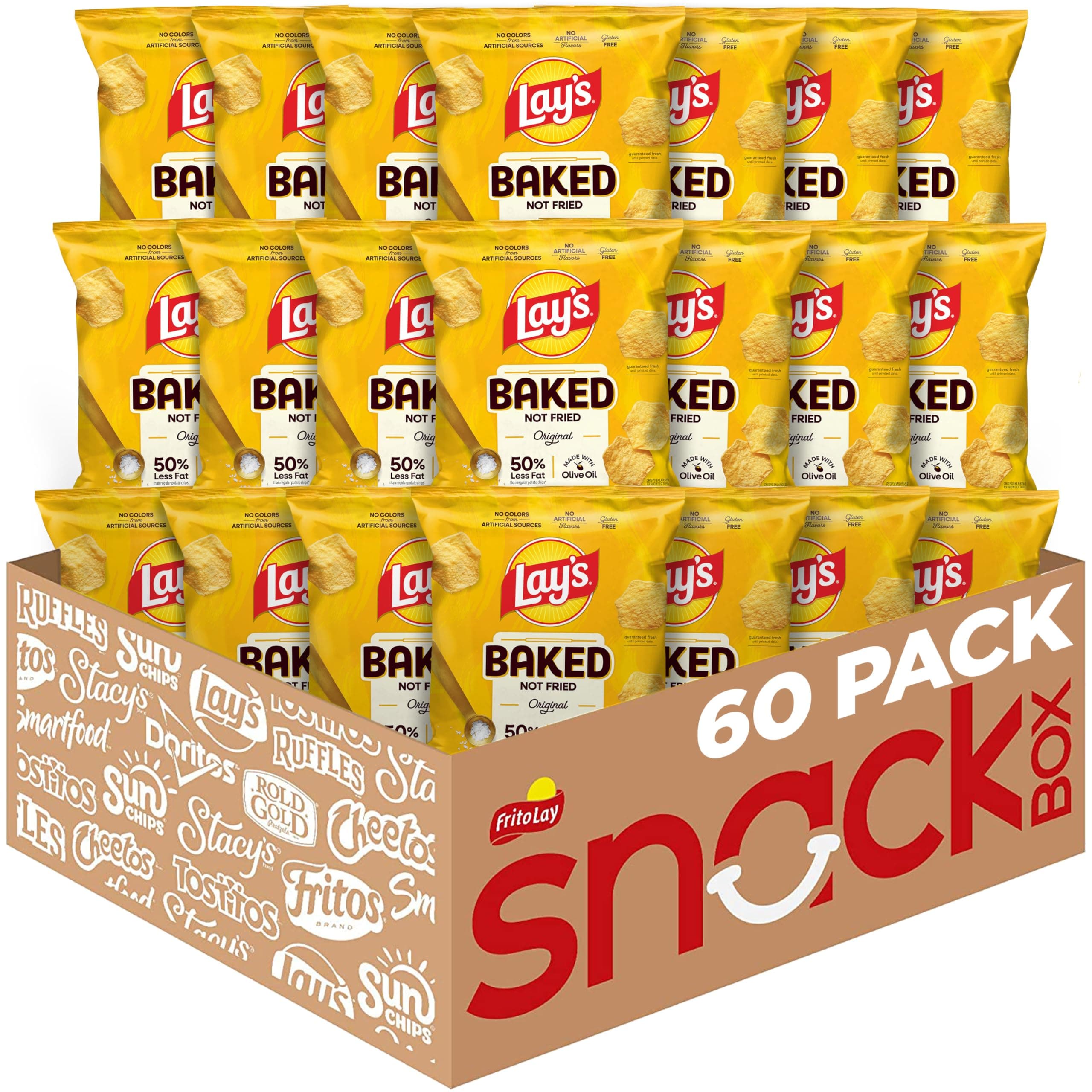 Baked Lay's Potato Chips, Original, 0.875 oz Bags, (60 Pack), 50% Less Fat, Gluten Free, No Artificial Flavors, No Colors from Sources