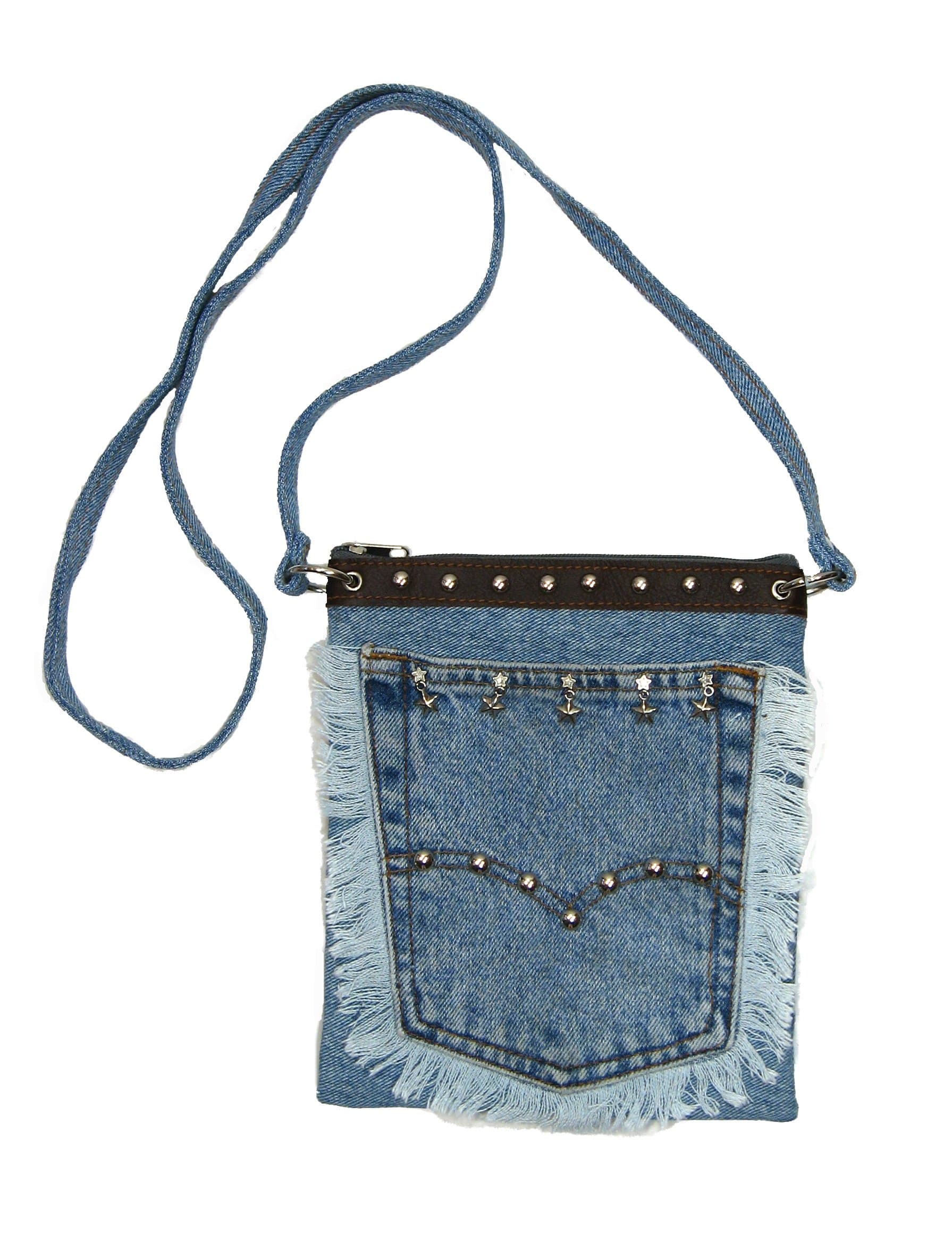 Blue Denim Small Mini Pouch Crossbody Bag with Fringe, Studs and Stars