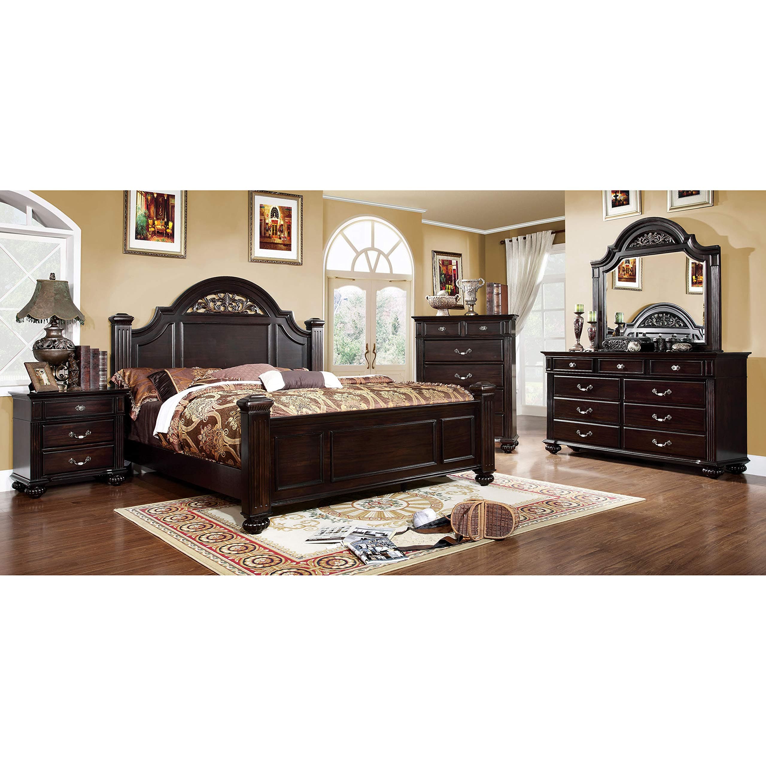 24/7 Shop at Home Syracuse 6-Piece Traditional Solid Wood Bedroom Set with Chest, Mirrored-Dresser and 2 Nightstands, Box Spring Required for Bedroom, Guest Room, Queen, Walnut