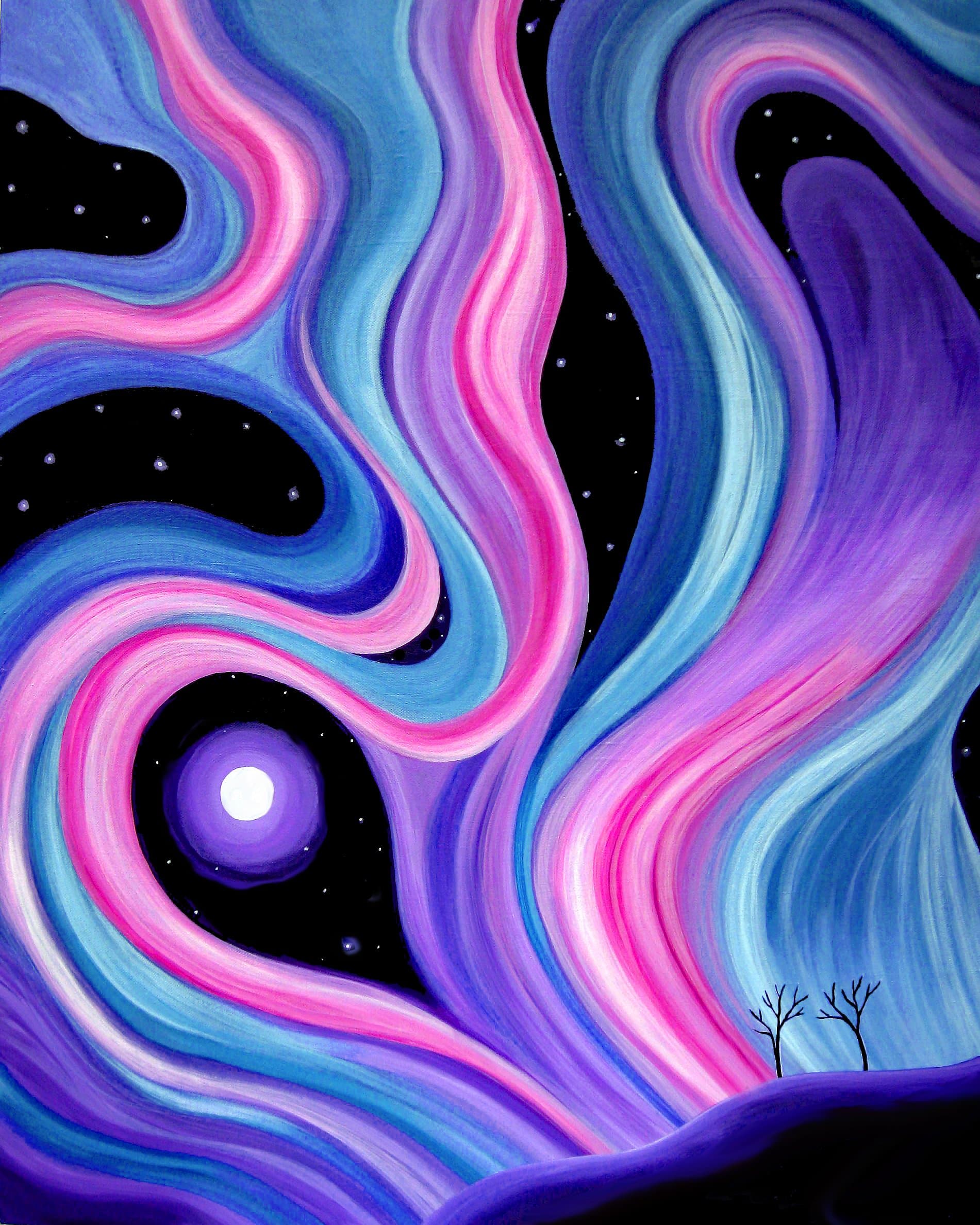 5D Diamond Painting Kit DIY Craft Set Full Drill Round - Galaxy Trees Moon Landscape Art by USA Based Artist. 13” x 17” Inch Drill Area, 40x50cm Canvas. Pour-Spout Tray, Tweezers, Quality Fabric