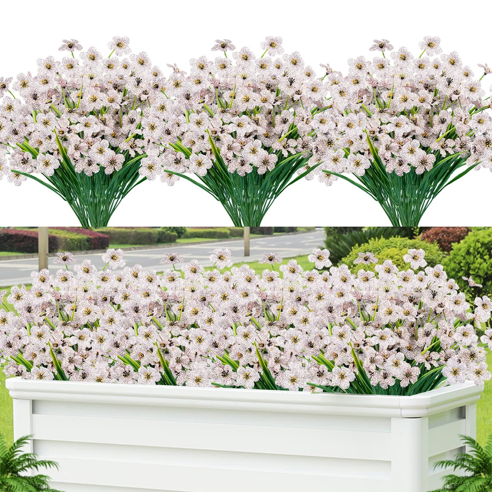 Lnoicy 12 Pcs Artificial Flowers for Outdoor,Plastic Flowers Decoration, UV Resistant Faux Flowers Shrubs, Artificial Plants for Indoor Outside Garden Home Wedding Farmhouse(White)