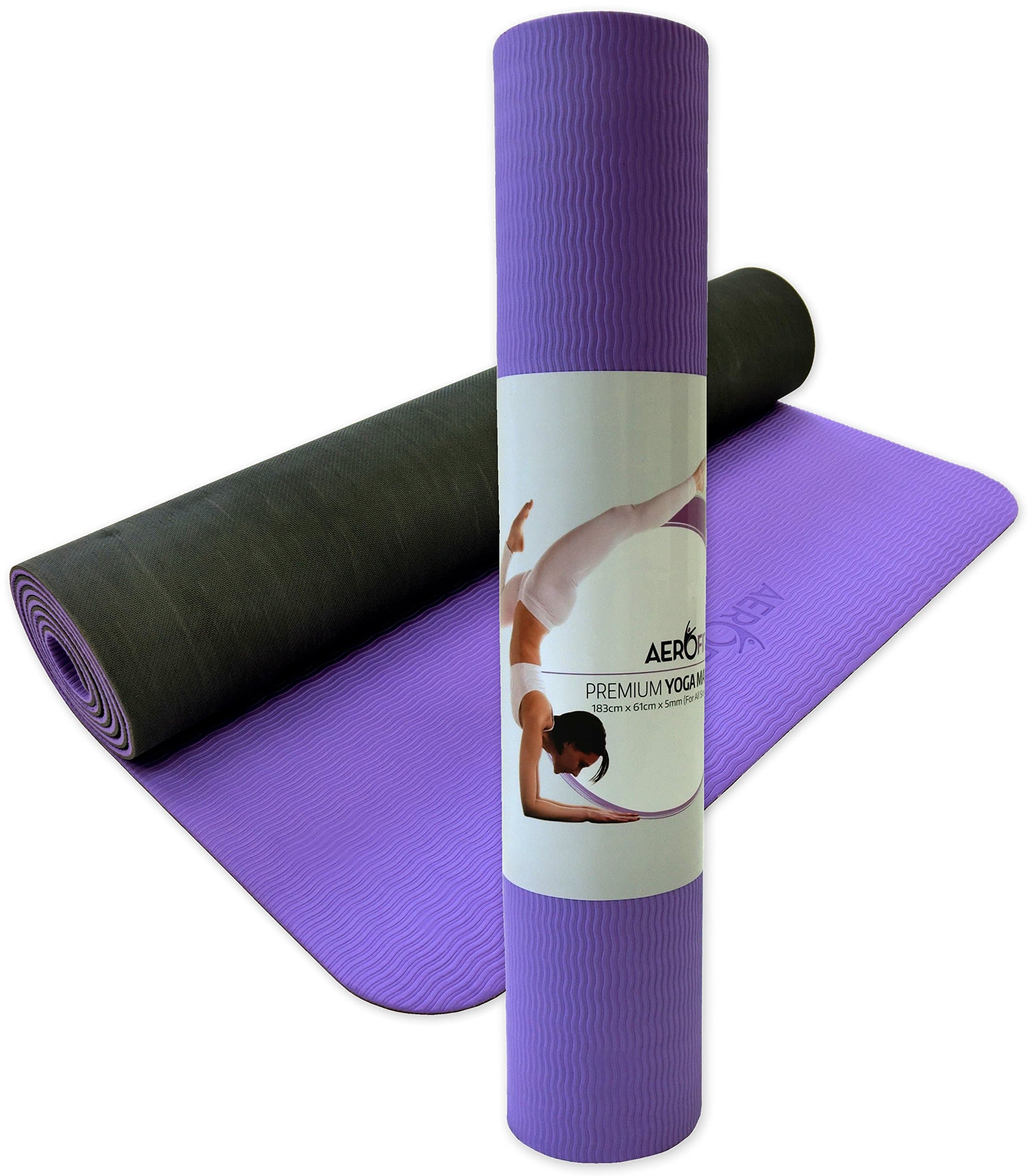 Premium Yoga Mat with Strap - Organic & Non-Slip - Dual Layers, Made From Eco-Friendly Natural Rubber & TPE - Yoga, Pilates, Exercise, Meditation, Plyometrics - For Women & Men at Home, Class or Travel - 5mm, 72 inches, Purple