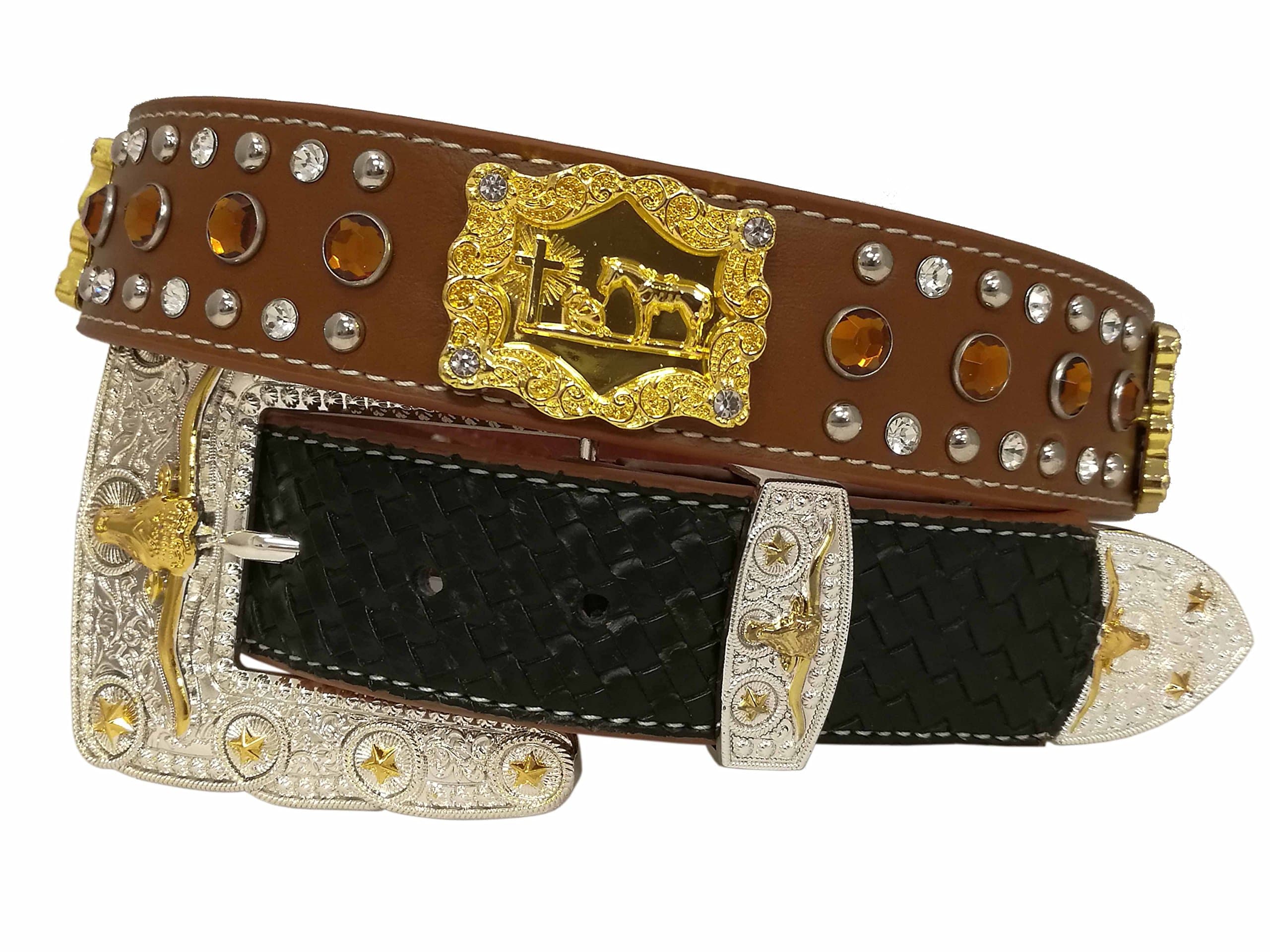 West Star Basket Weave Duo Color Leather Big Gold Silver Longhorn Buckle Shiny Concho Relfective Acrylics and Beads