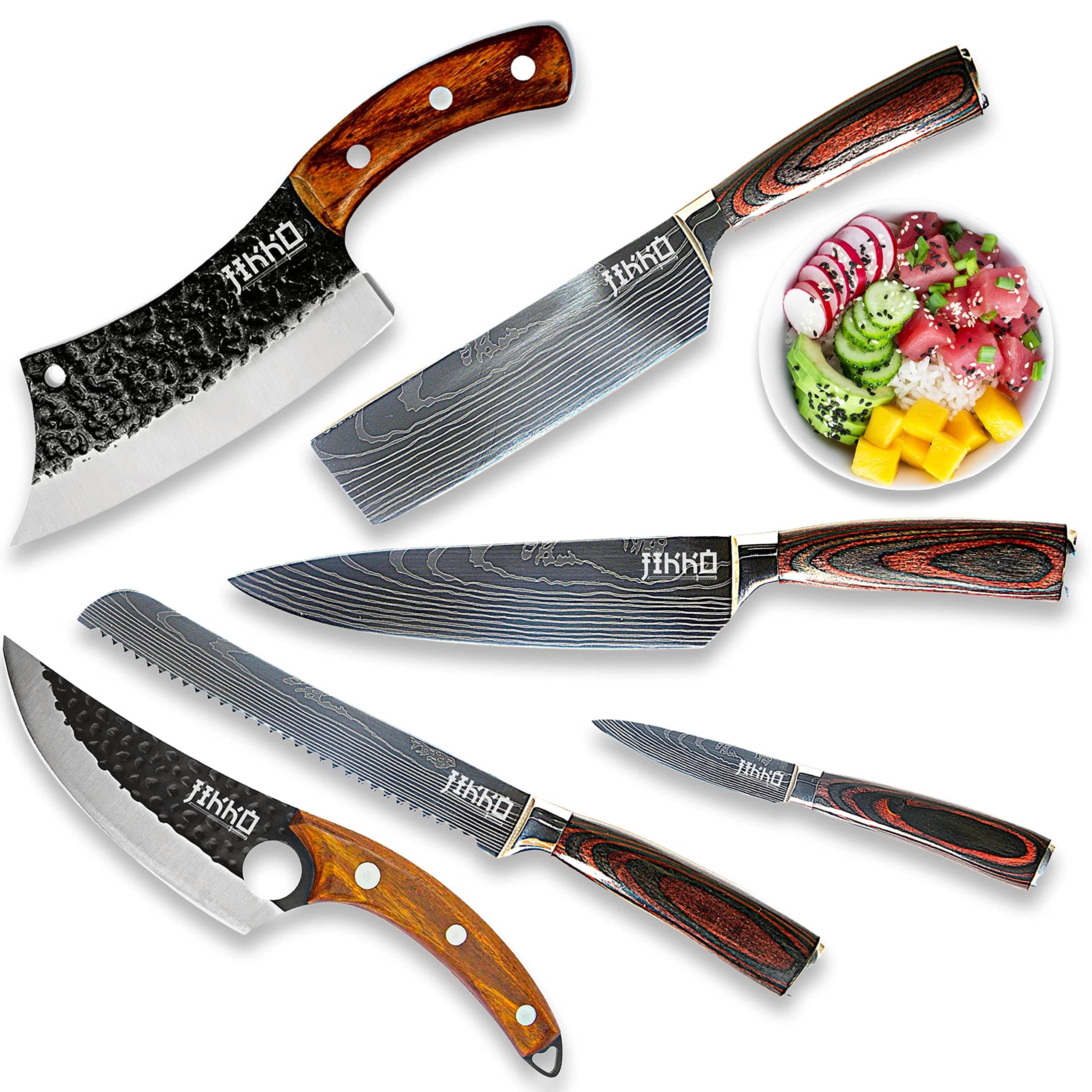 JIKKO New 67 Layers Carbon Steel Japanese Knife Set - Original Series - Kitchen Knife Set with Walnut and Mahogany Wood Handles - 6 Japanese Chef's Knives with Exceptional Sharpness - HRC60 Approved