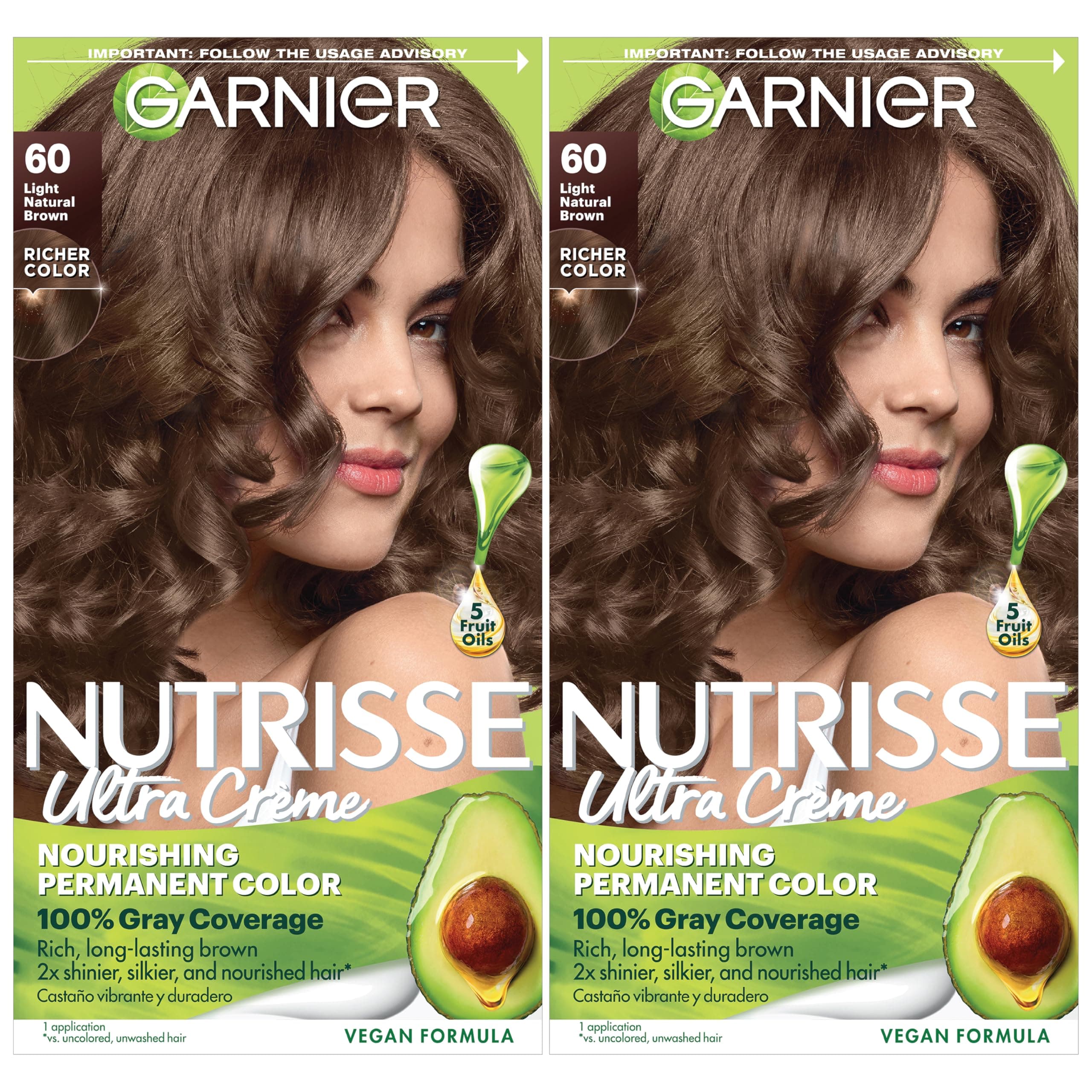 Garnier Nutrisse Ultra Crème Hair Color, Permanent Hair Dye with 100% Gray Coverage, Vegan & Cruelty-Free, 60 Light Natural Brown (Acorn), 2 Count