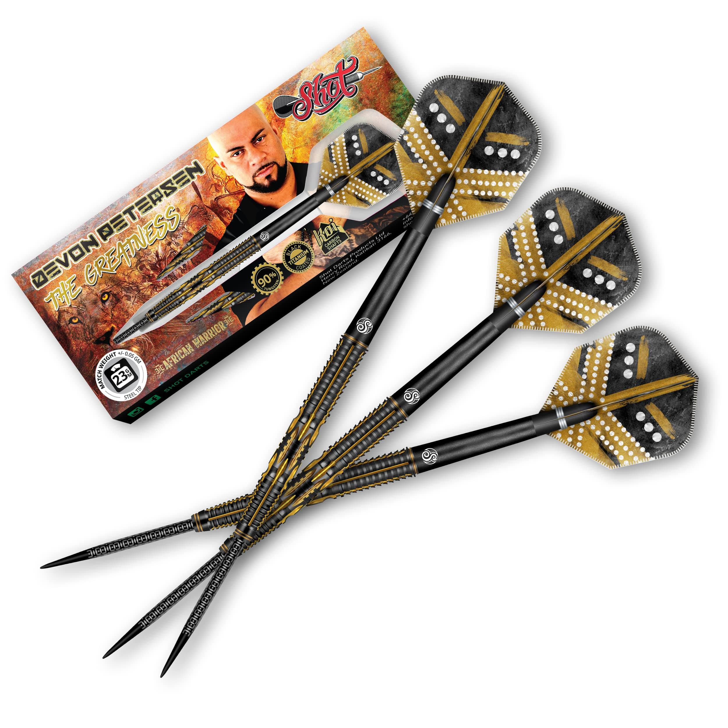 Shot! Darts Devon Petersen Greatness 90% Tungsten Pro Throwing Darts Steel Tip Set, Professional – Made in New Zealand – Designed Dart Flights for Women & Men – Metal Tip Bar Darts for Adults