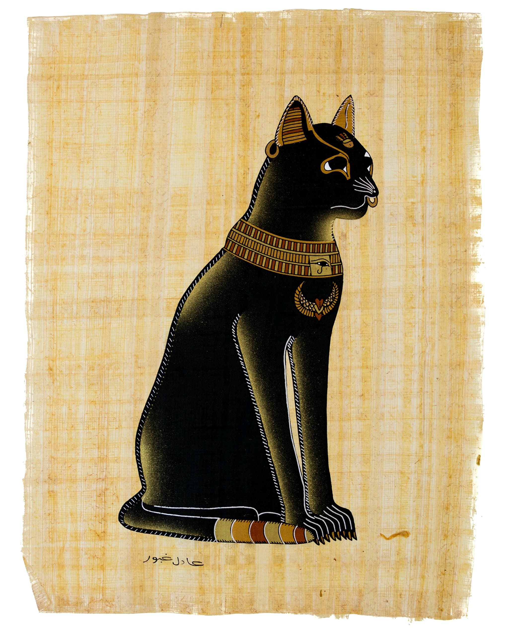 Leolana Egyptian Papyrus Bastet Goddess of Joy, Protector of Women Hand Painted Painting on 100% Authentic Egyptian Papyrus Paper-13x17-Black & Gold