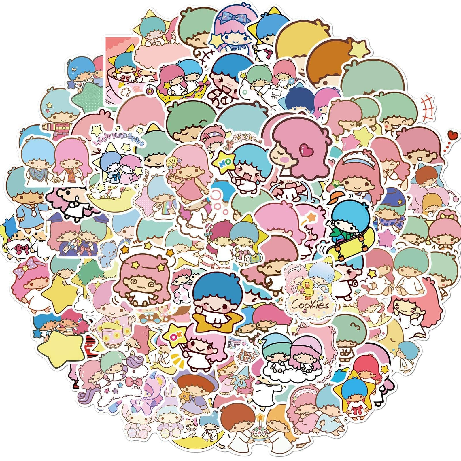 100pcs Cute Cartoon Little Twin Stars Stickers Polyvinyl Waterproof Deals Laptop Waterbottle Notebook Stickers for Kid Teens and Adult
