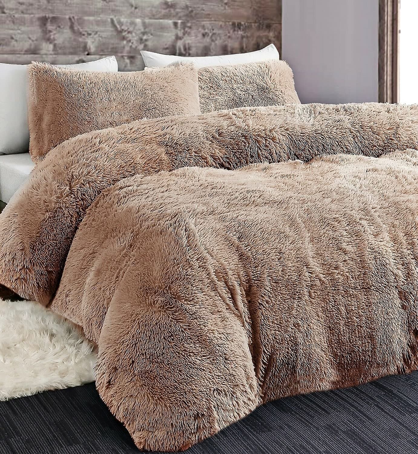 LS HOME Laura Secret Long Fluffy Teddy Duvet Cover Sets,Pillow Case Hug And Snug Fleece Faux Fur Easy Quilt Bedding (Mink, Double)