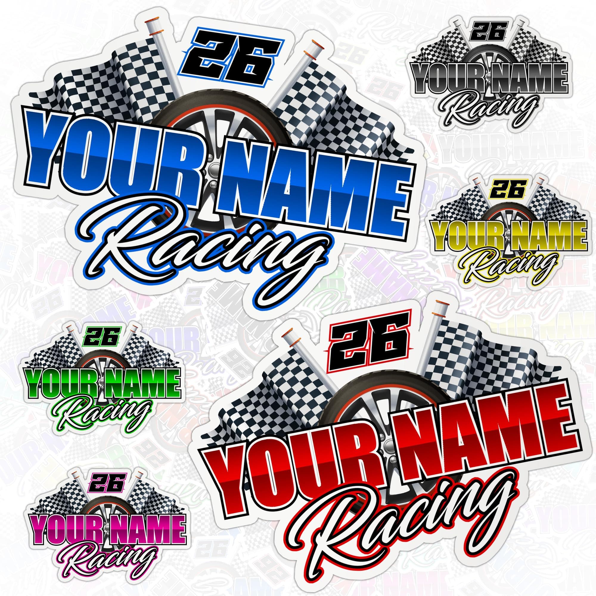 Custom Racing Name Number Sticker Personalized Motorsports Decal with Checkered Flags Waterproof Vinyl for Car Helmet Motorcycle Dirt Bike Gifts for Kid Boy Girl