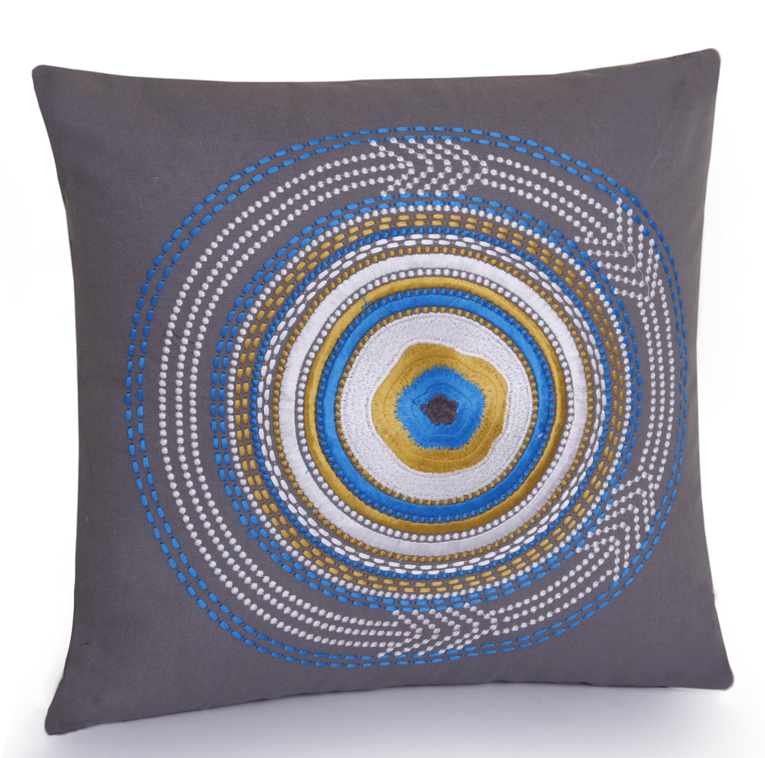 Jovi HomeRimini Hand Embroidered Decorative Pillow, 16-Inch by 16-Inch, Gray/Blue