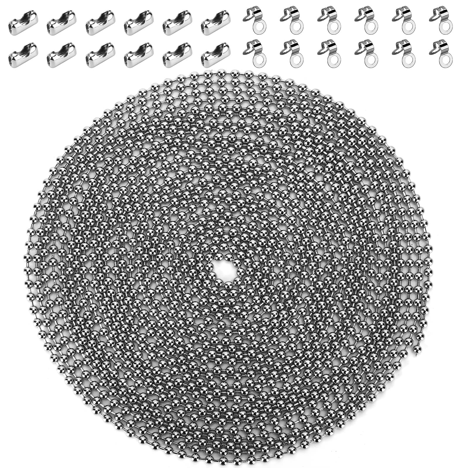 200 Inch Ceiling Fan Pull Chain, (Upgrade Rust Proof) 3.2mm Beaded Pull Chains Extension, Light Chain Pulls Extenders Great Pulling Force Stainless Steel with 24 Matching Connectors 2 Styles, By PSISO