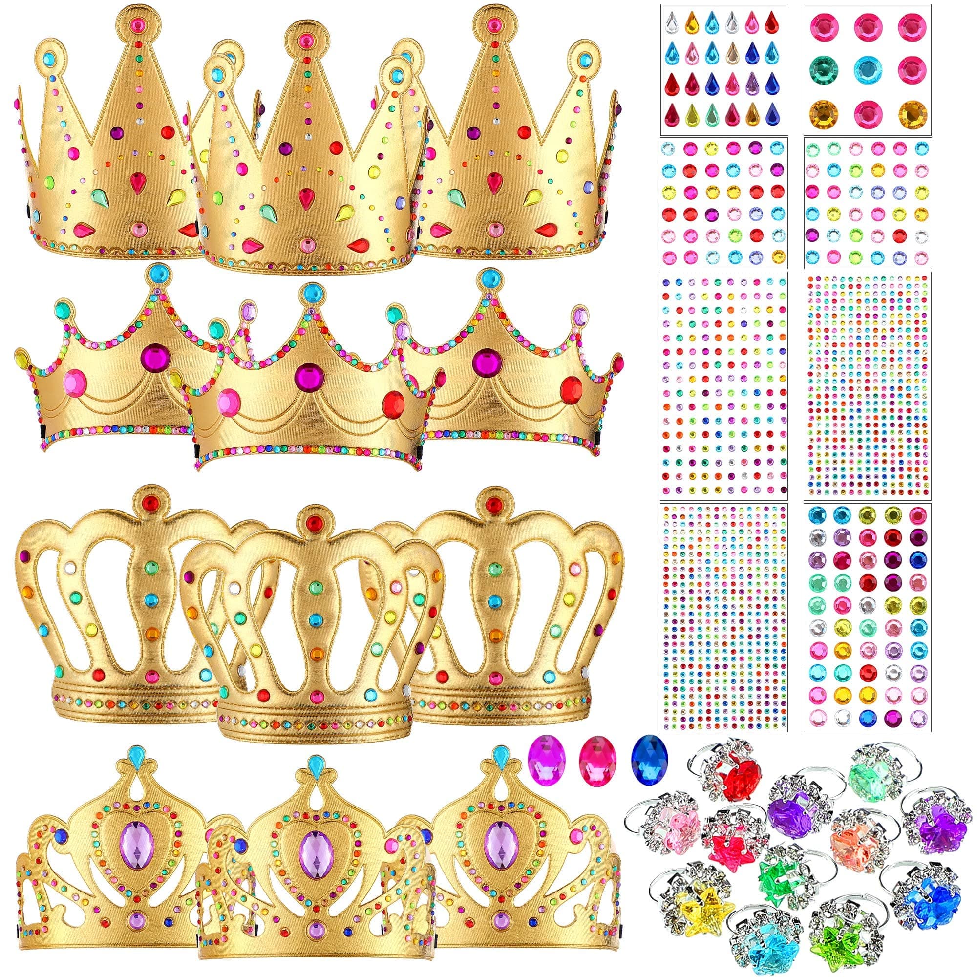 MTLEE 12 Pieces Foam Princess Tiaras Crown for Kids 928 Pieces Gem Stickers 12 Gem Rings Craft Making Kits Birthday Party Favors