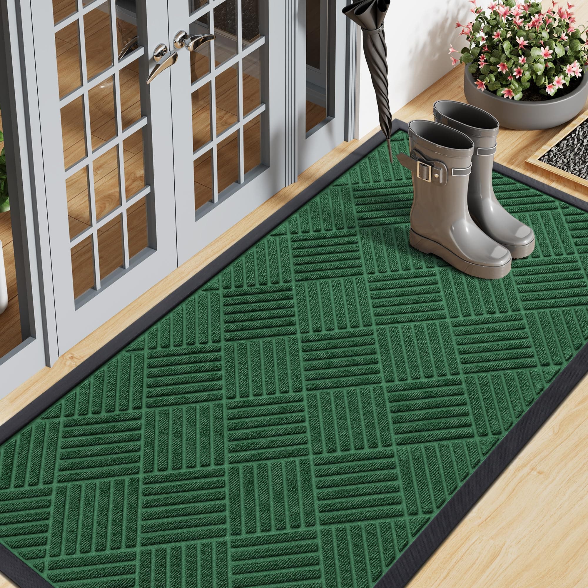 Smiry Front Door Mat Outside Entrance, Heavy Duty Outdoor Indoor Natural Rubber Doormat, Non Slip, Trap Dirt and Moisture, Easy Clean, Low Profile Patio Porch Entryway Mat, 71x23, Green
