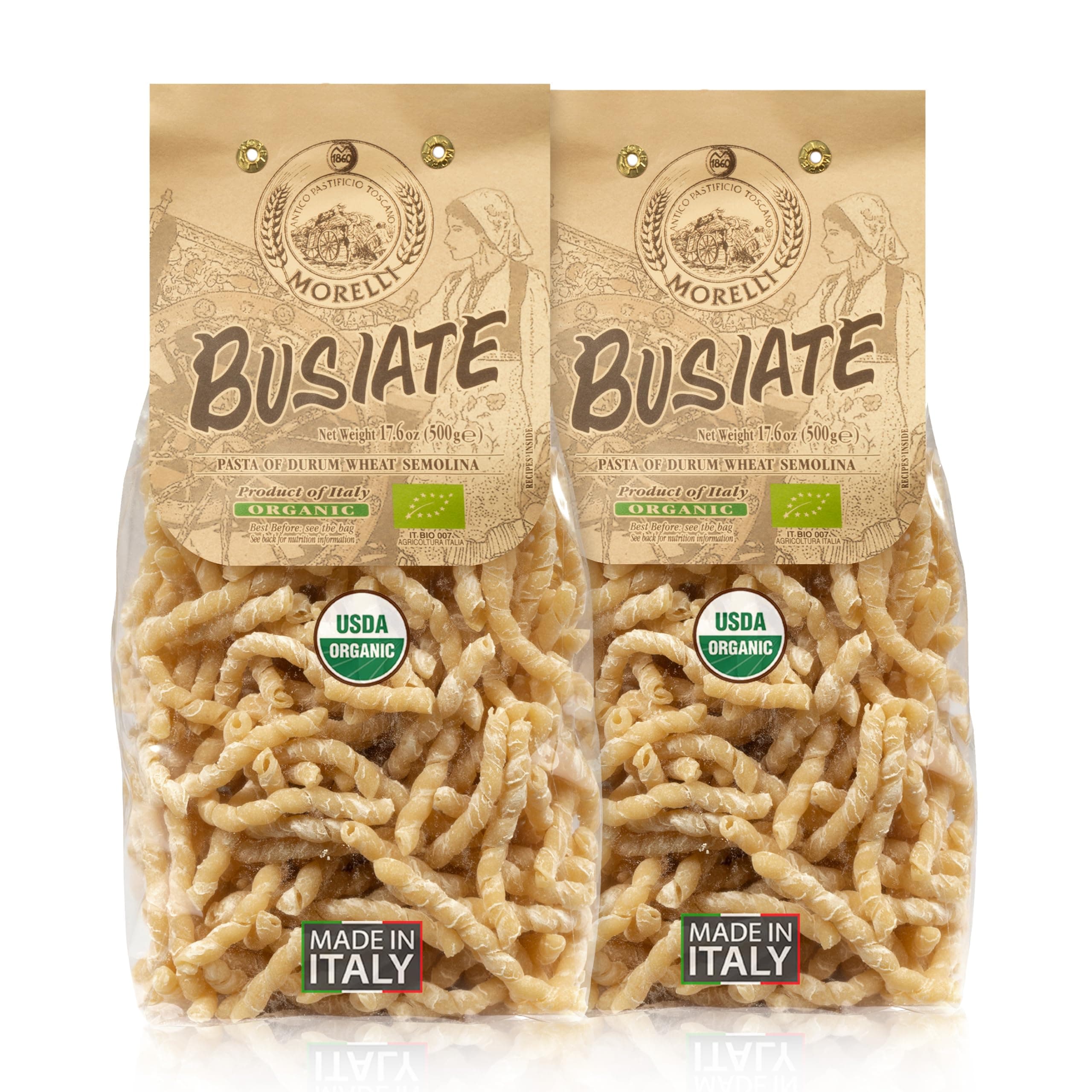 Spiral Pasta - Organic Premium Durum Wheat Semolina Italian Pasta from Italy - Protein-Rich, Ancient Grains, All Natural, Gourmet Italian - Busiate (Trofie, Gemelli) 17.6 Oz - Pack of 2