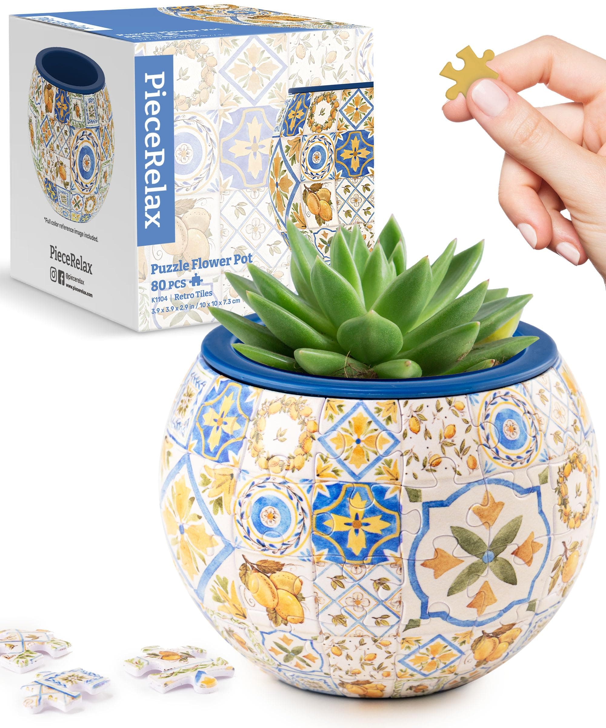– 3D Puzzle Planter - Retro Tiles - Small Round Plant Pots with Drainage, Home Decor Flower Pots for Indoor Cactus, Succulents Pots [K1104]