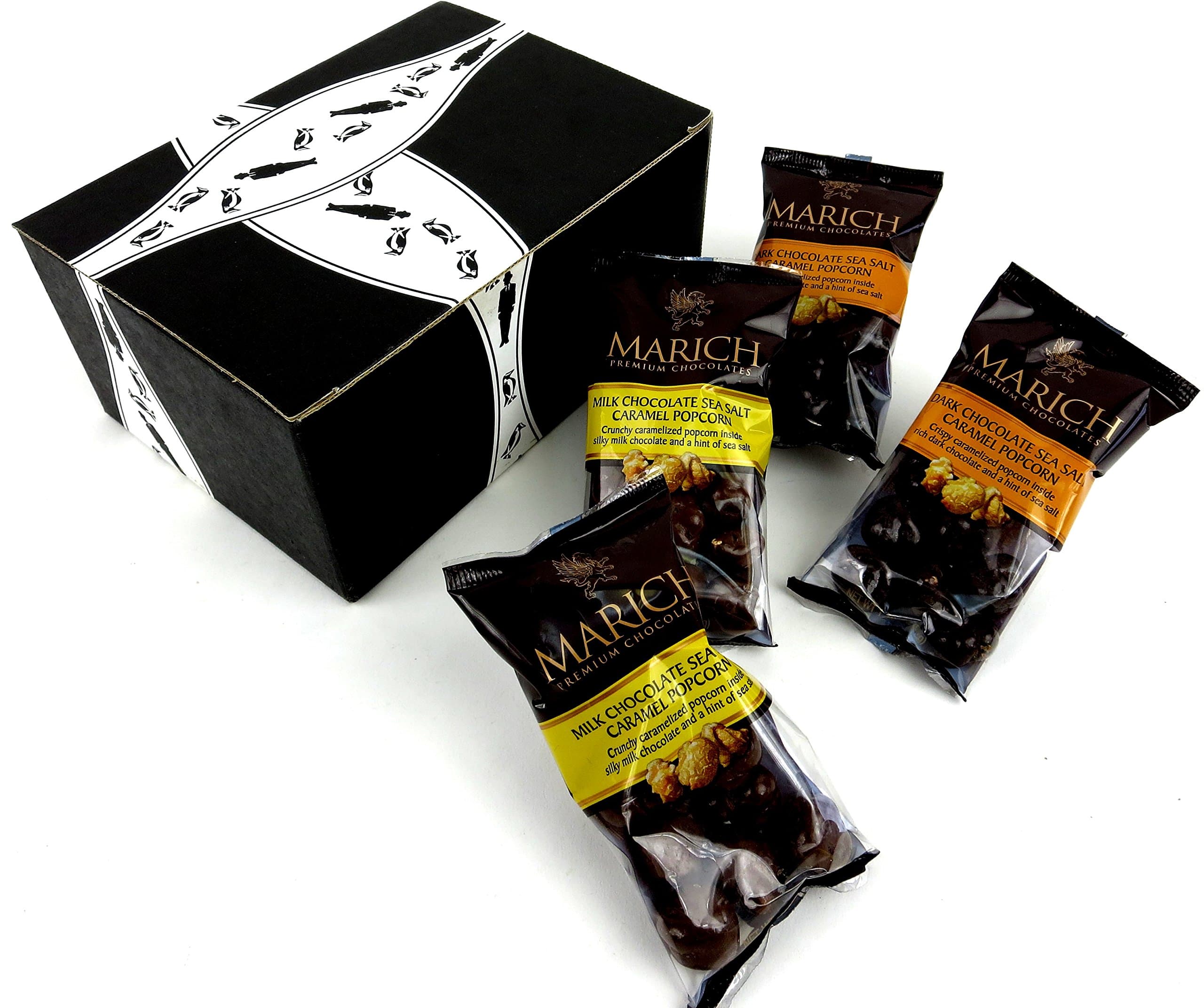 Marich Chocolate Sea Salt Caramel Popcorn 2-Flavor Variety: Two 1.76 oz Bags Each of Milk and Dark in a Gift Box