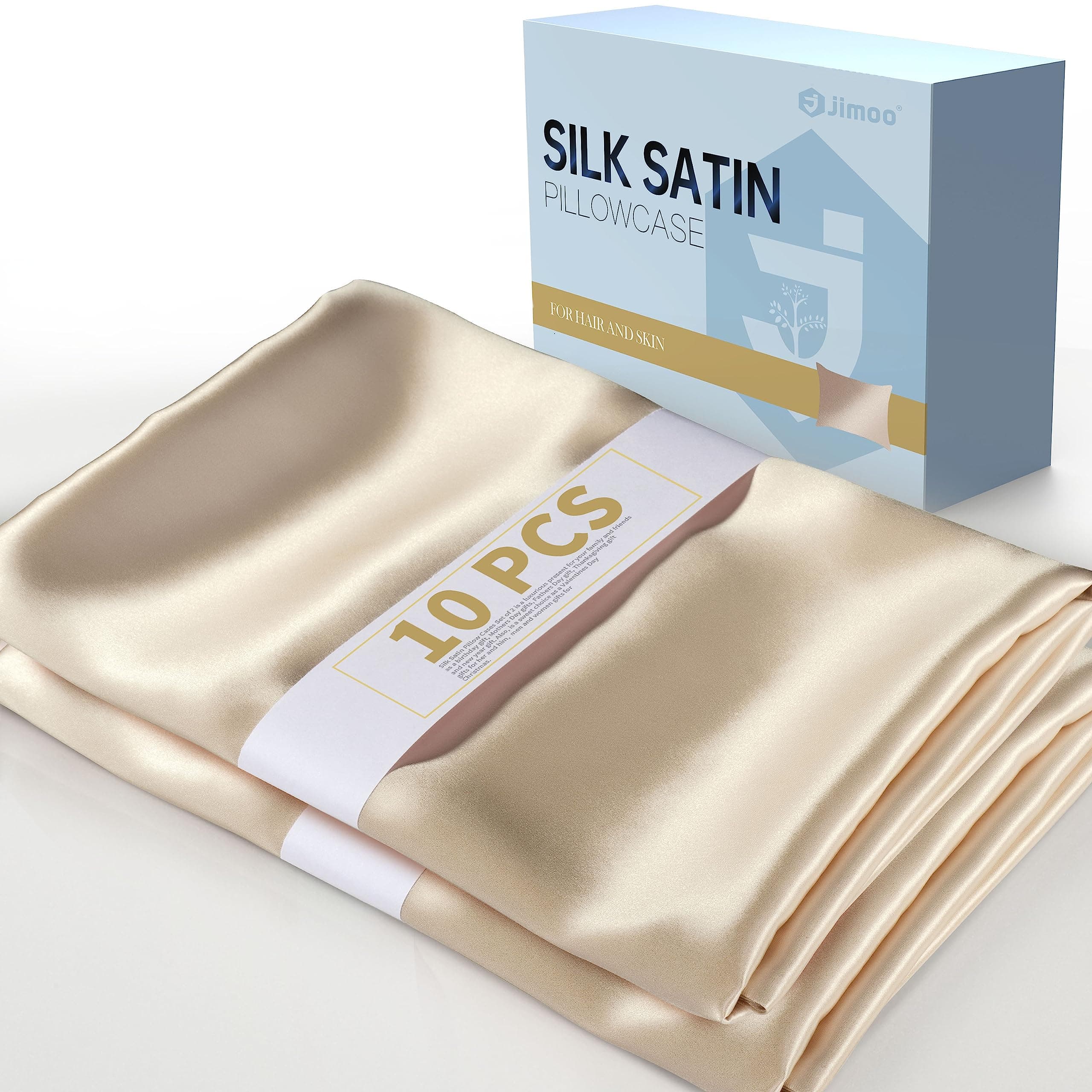 J JIMOOSilk Pillowcase for Hair and Skin,600 Thread Count Mulberry Silk Satin Pillow Cover (10 Pack Satin Pillowcases, Queen(20"x30"), Champagne)