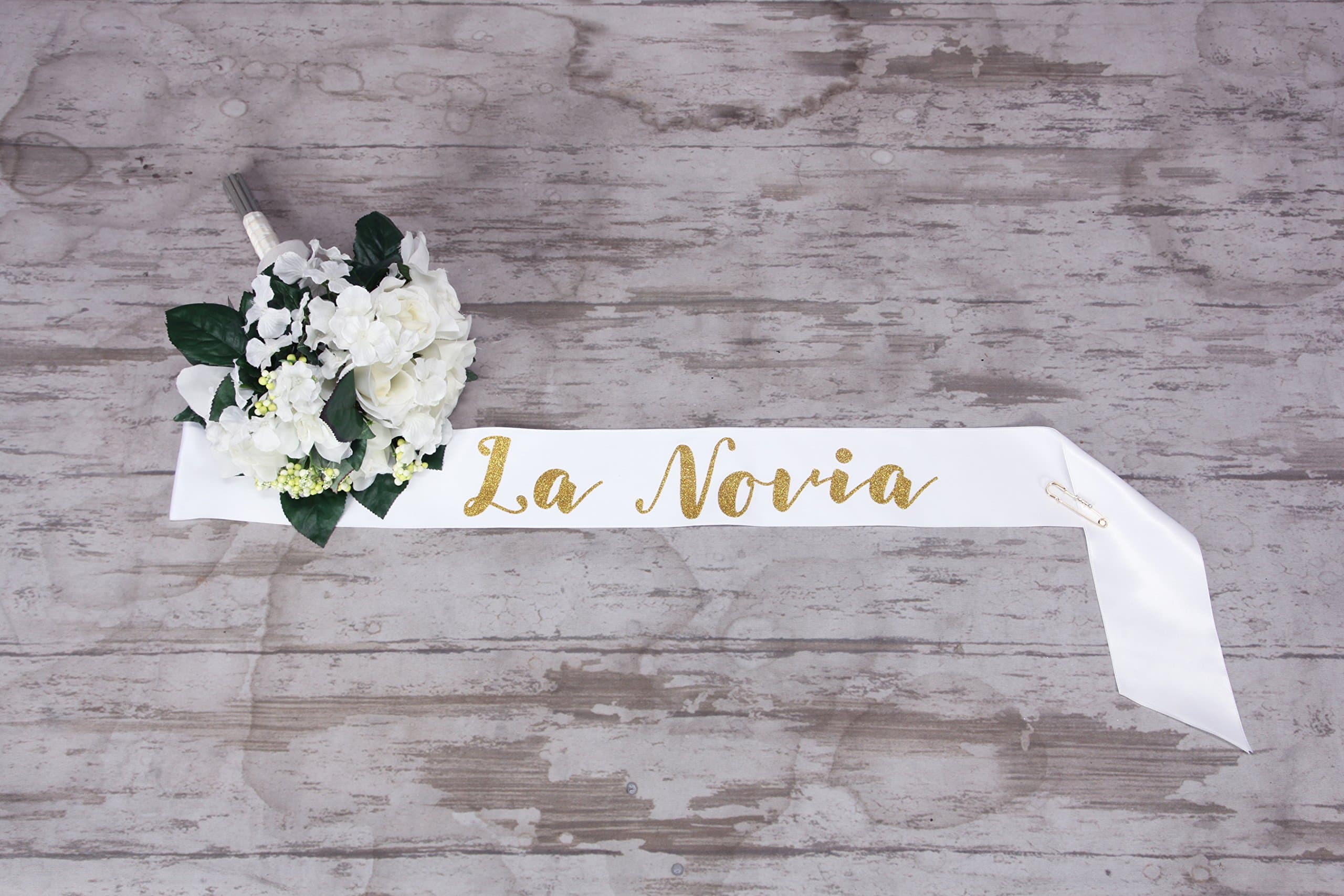 Dulcet Downtown White Bride to Be Sash in Spanish - La Novia - with Gold Glitter Lettering