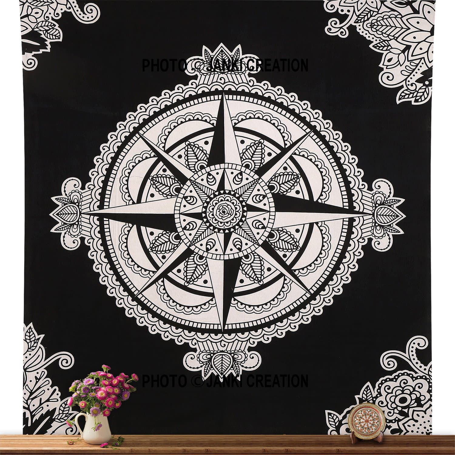 Janki CreationBlack & White Indian Mandala Wall Art, Hippie Wall Hanging, Bohemian Bedspread, Queen Size 84X90 Tapesstry, Ethnic Decorative Living Room Decorative, Dorm Decor Wall Hanging Bedspread,