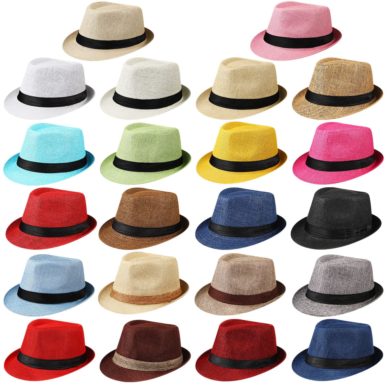 JaGely 22 Pcs Short Brim Fedora Classic Sun Straw Fedora Hat Summer Straw Hats Men's Fedoras Panama Cap Trilby Hat for Men Women, 22 Colors, Classic Colors, One size