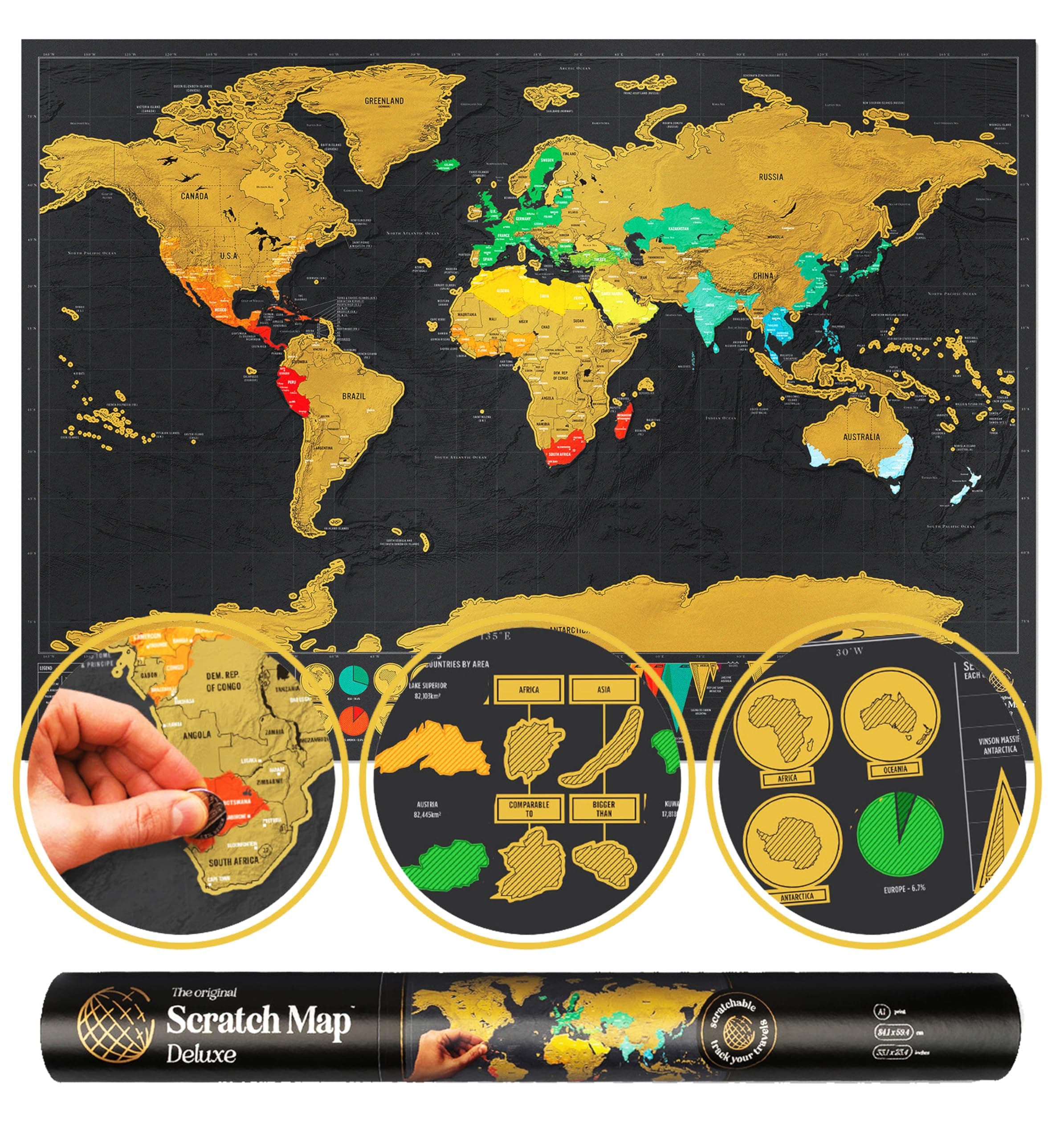 Luckies Scratch Map | Scratch Off World Maps | Travel Map Frame | Wall Scratchable Maps | Countries Visited | Rub Off Poster | Europe & US States Scratchable | Tube Included | Deluxe Edition XLarge