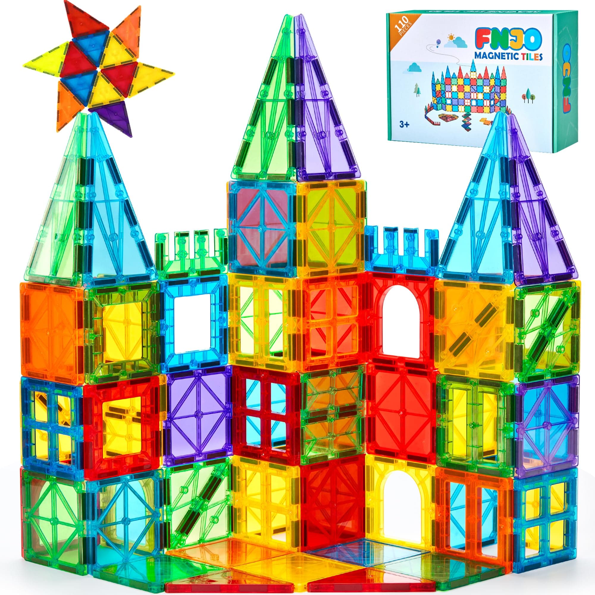 FNJO Magnetic Tiles, 110PCS Magnet Building Set, Magnetic Building Blocks, Construction STEM Learning and Playing Toys for Kids, Montessori Toy for Preschool Boys Girls