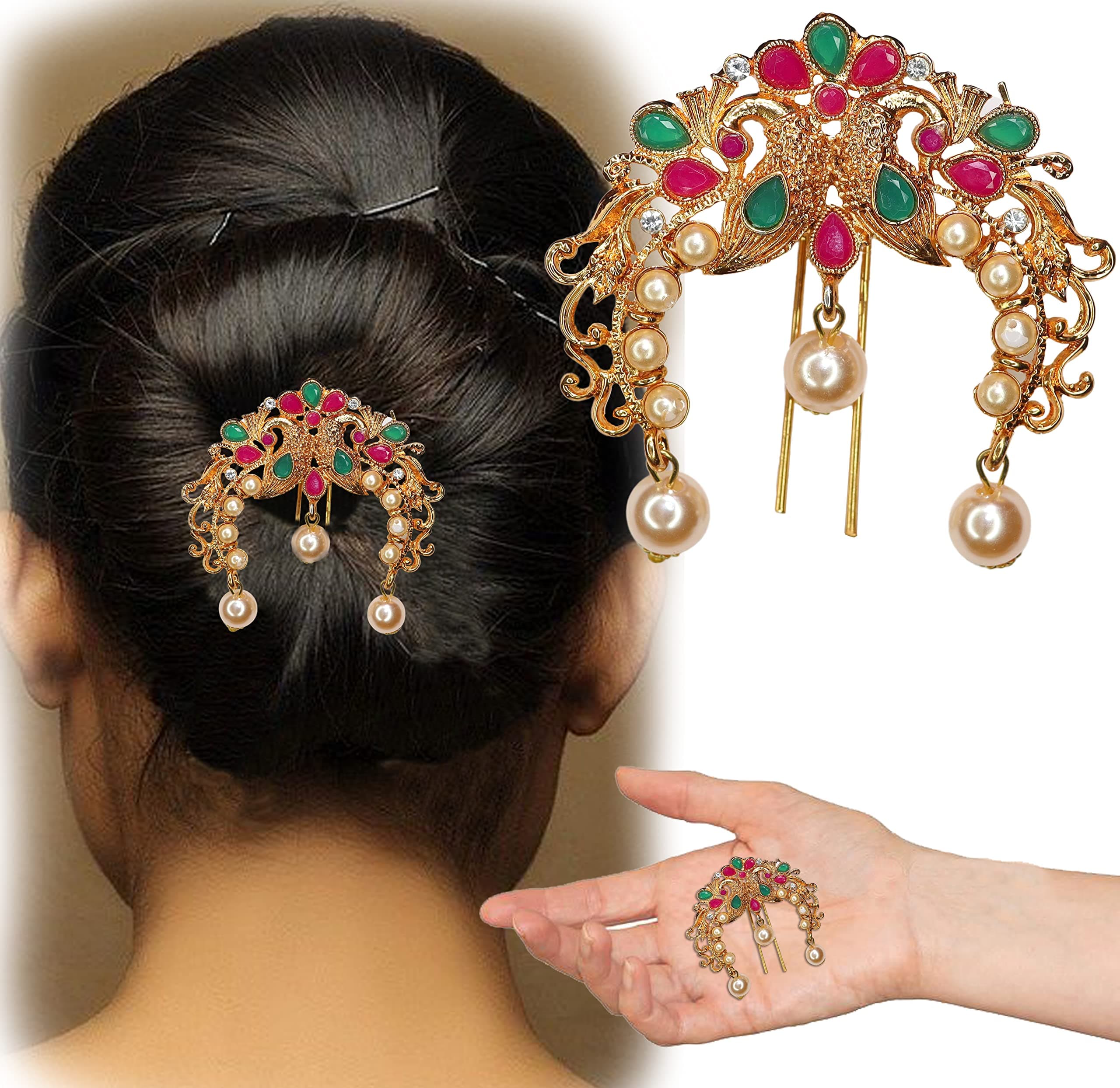 VAGHBHATT Aambada Juda/Pin Hair Brooch for Women Southern Hair Jewelry Indian Hair pin Hair Decoration, Hair Brooch with Hook Wedding Bridal Hair Accessories for Girls and Women (NamadaSet7)