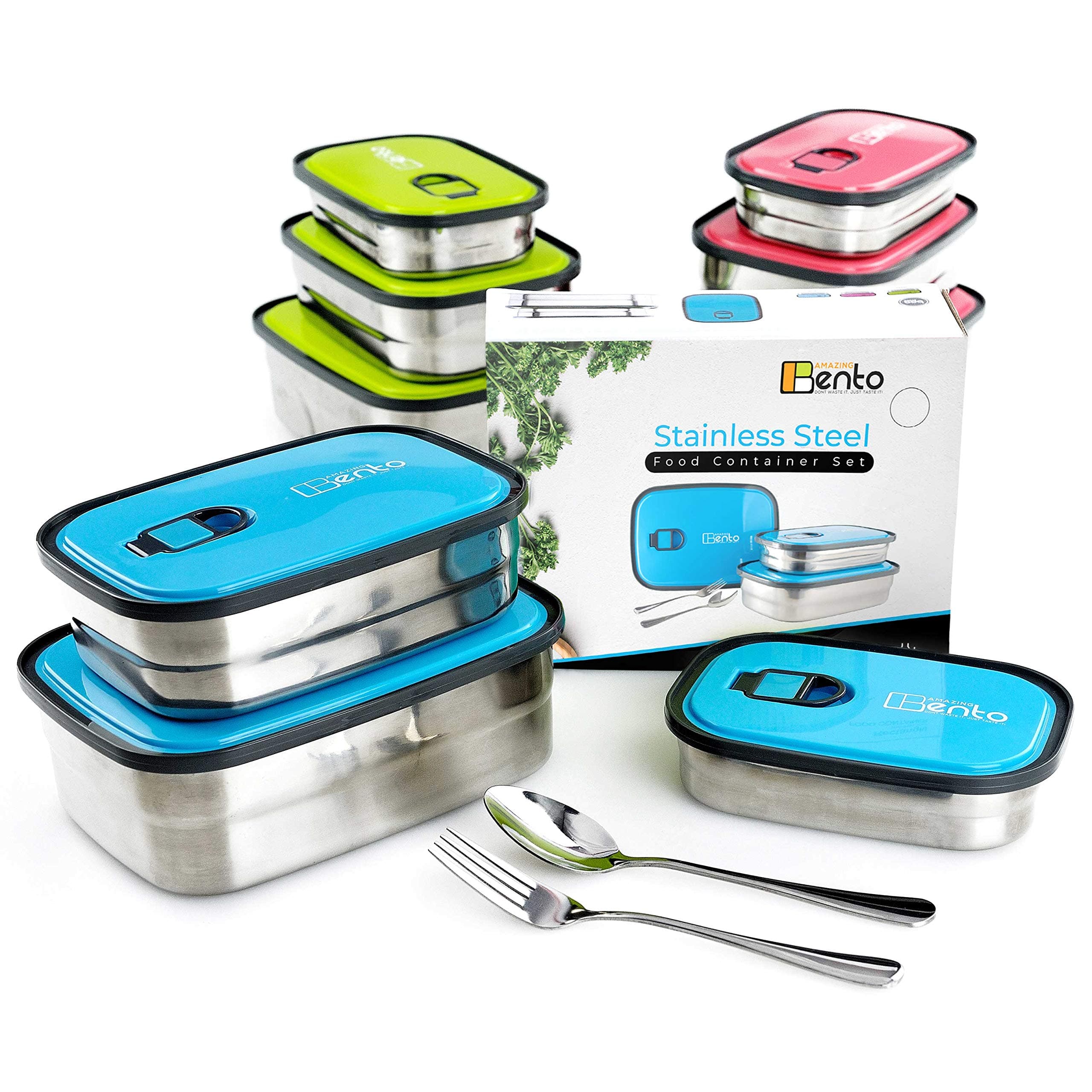Best Stainless Steel Bento Lunch Box for Kids & Adults, Leak Proof Food Containers, Storage Set 3 in 1 with Lids Includes FREE Cutlery & Recipes E-book