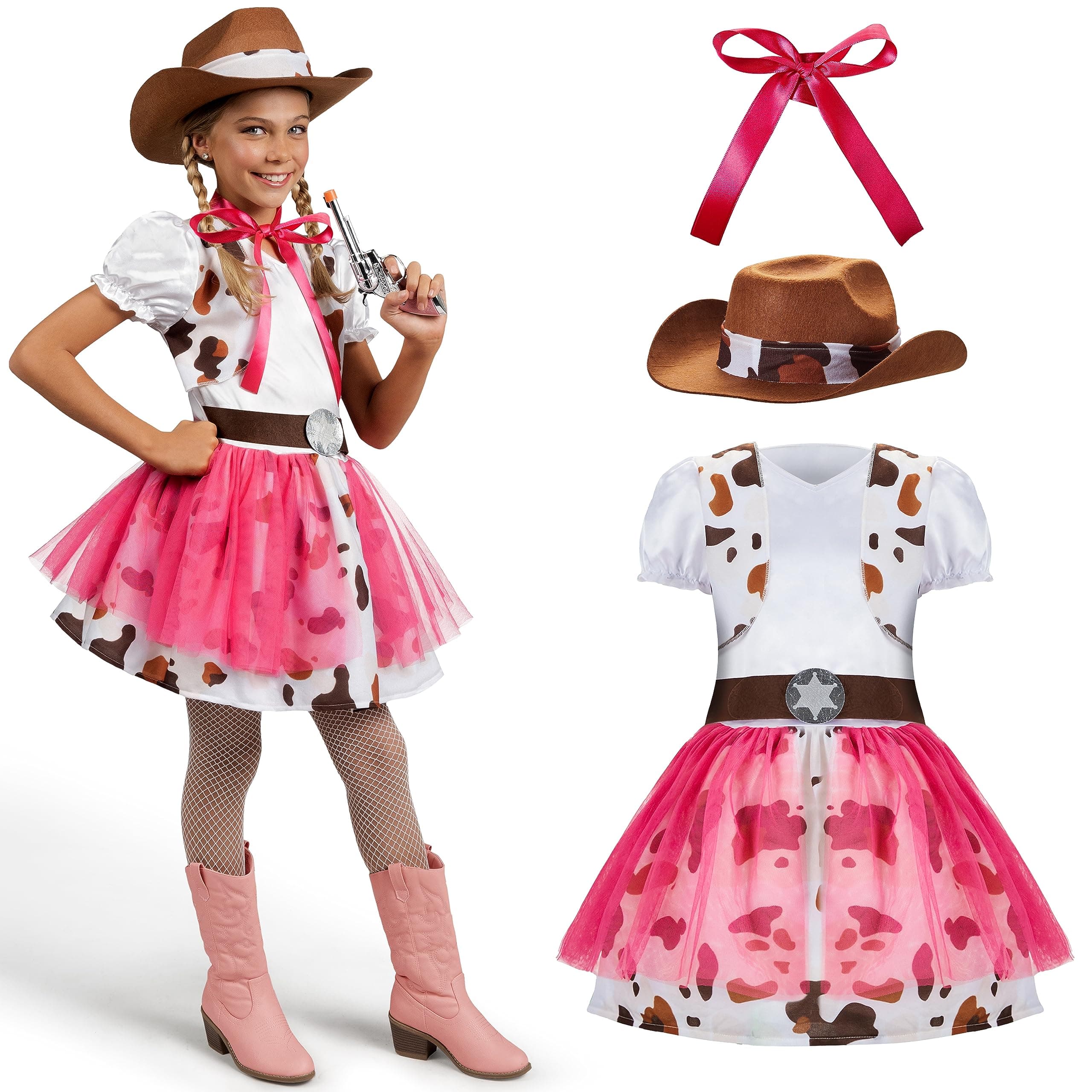 Spooktacular Creations Halloween Cowgirl Costume for Girls, Toddler White Cowgirl Dress Outfit with Western Hat for Kids Dress-Up, Cosplay and Themed Party (Medium, 8-10 yrs)