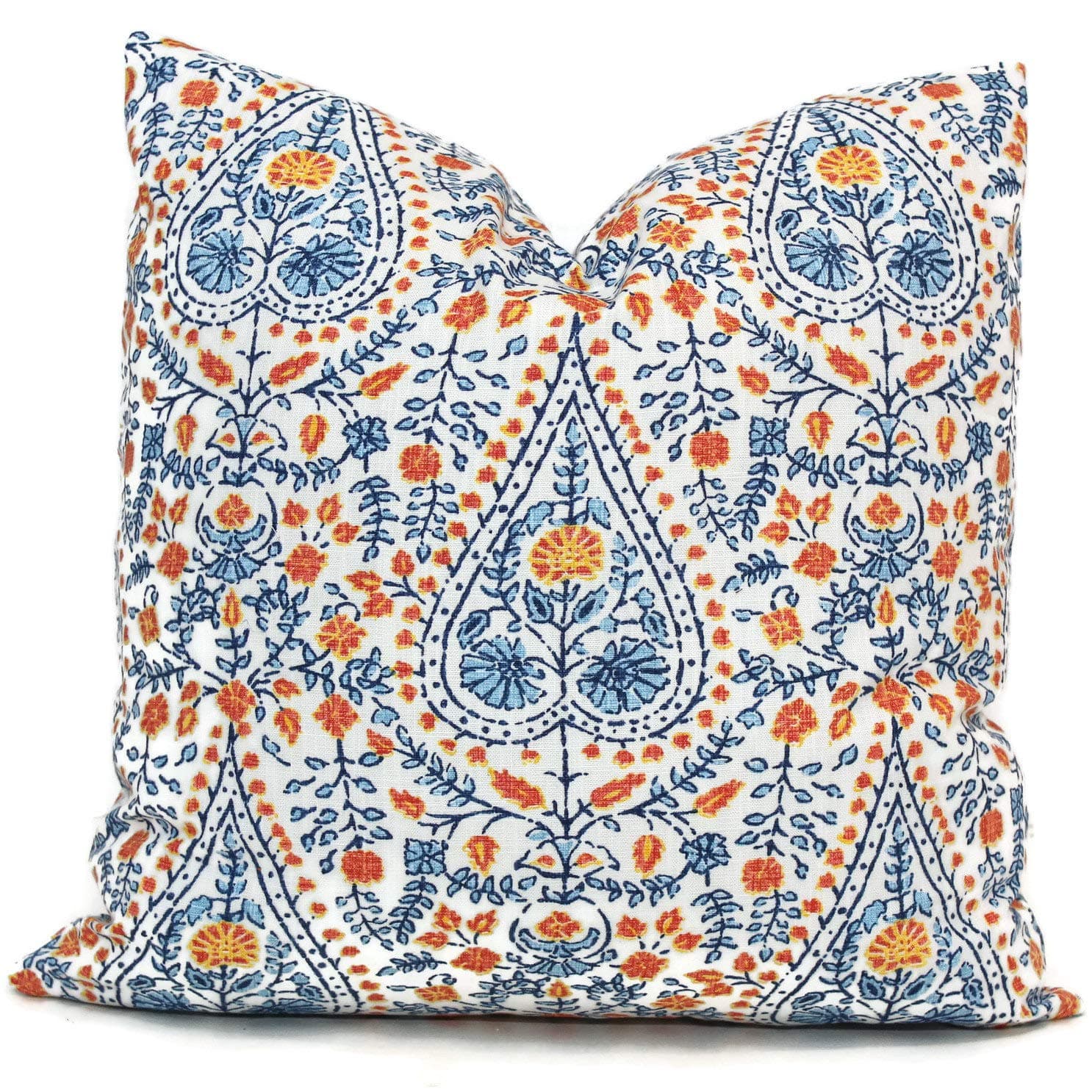 None Brand Busun Blue and Orange Busun Block Print Decorative Pillow Cover Square or Lumbar Pillow Cover Toss Pillow Made with Duralee John Robshaw