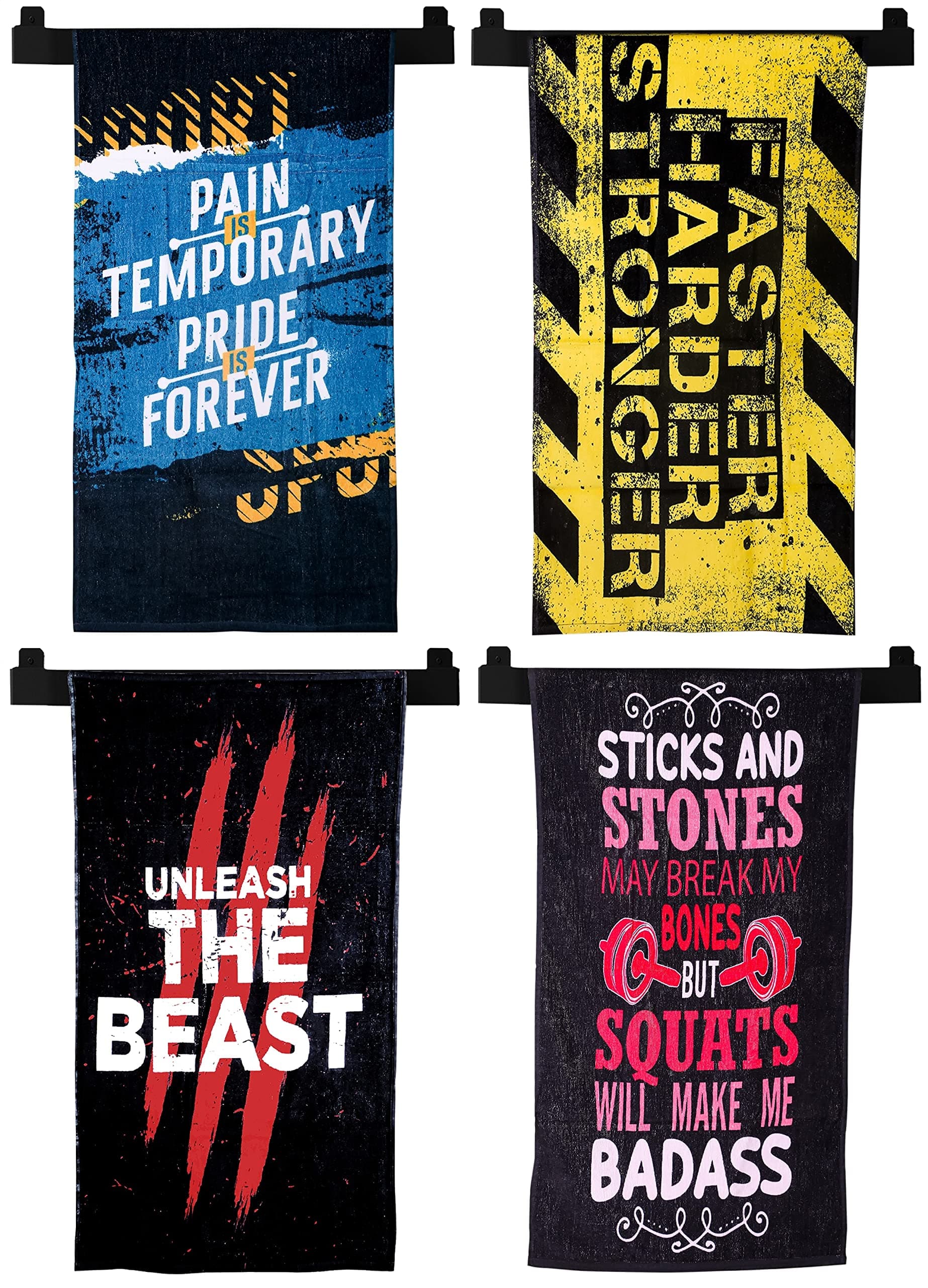 Pack of 4 Motivational Gym Towels 20"x40" for Sports Workout Exercise Fitness Yoga (Design : Beast + Stronger + Pride + Squats, 4 Gym Towels)